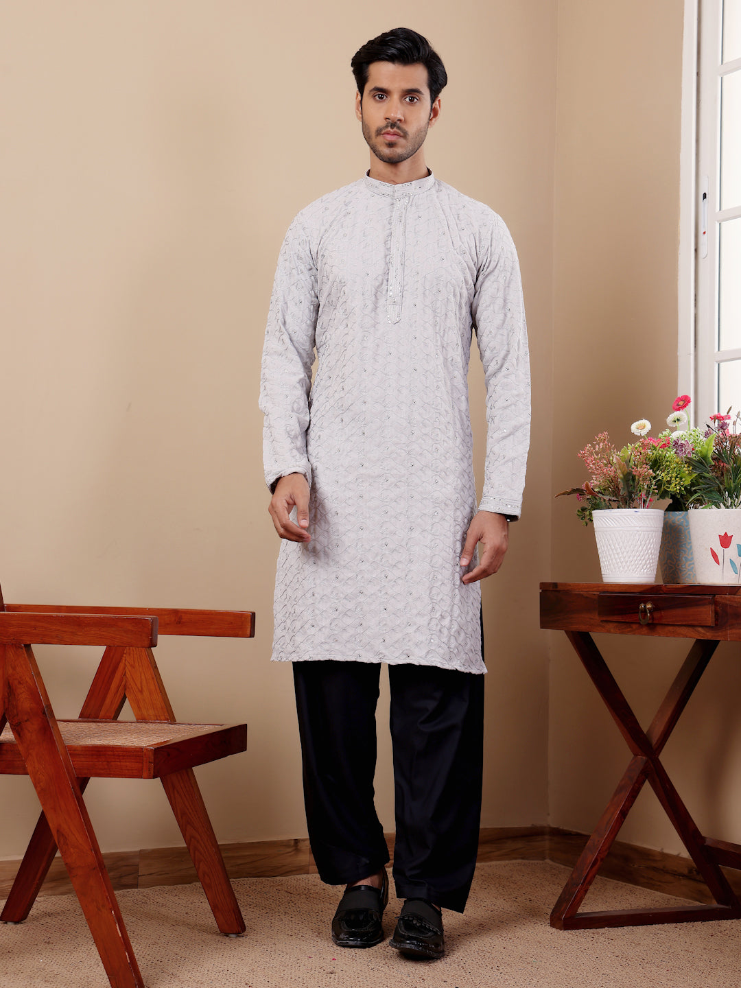 Light Blue Linen Kurta Set with Embroidery Work