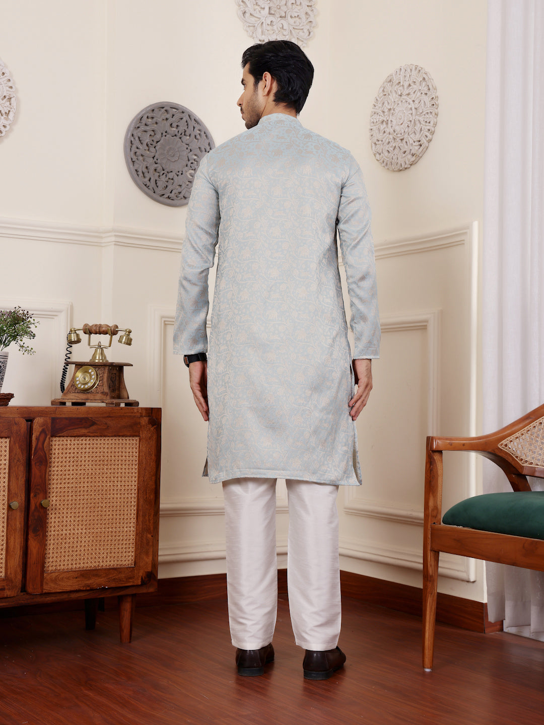Light Blue Viscose Kurta Set with Wevon Design