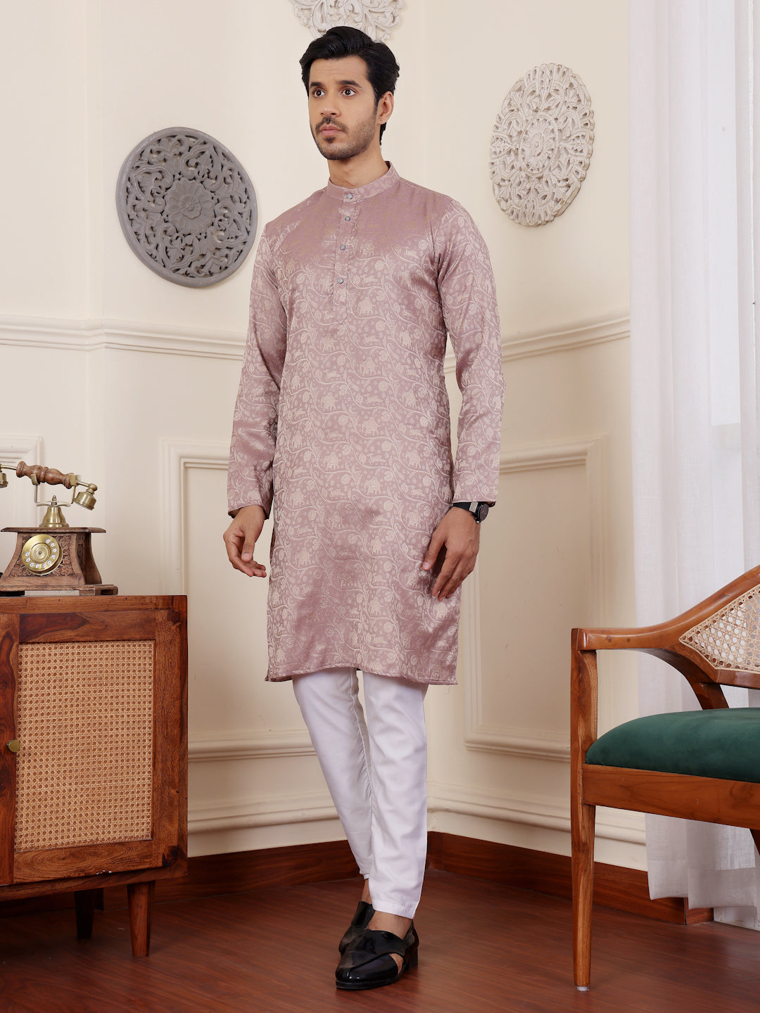 Mauve Modal Silk Kurta Set with Wevon Design
