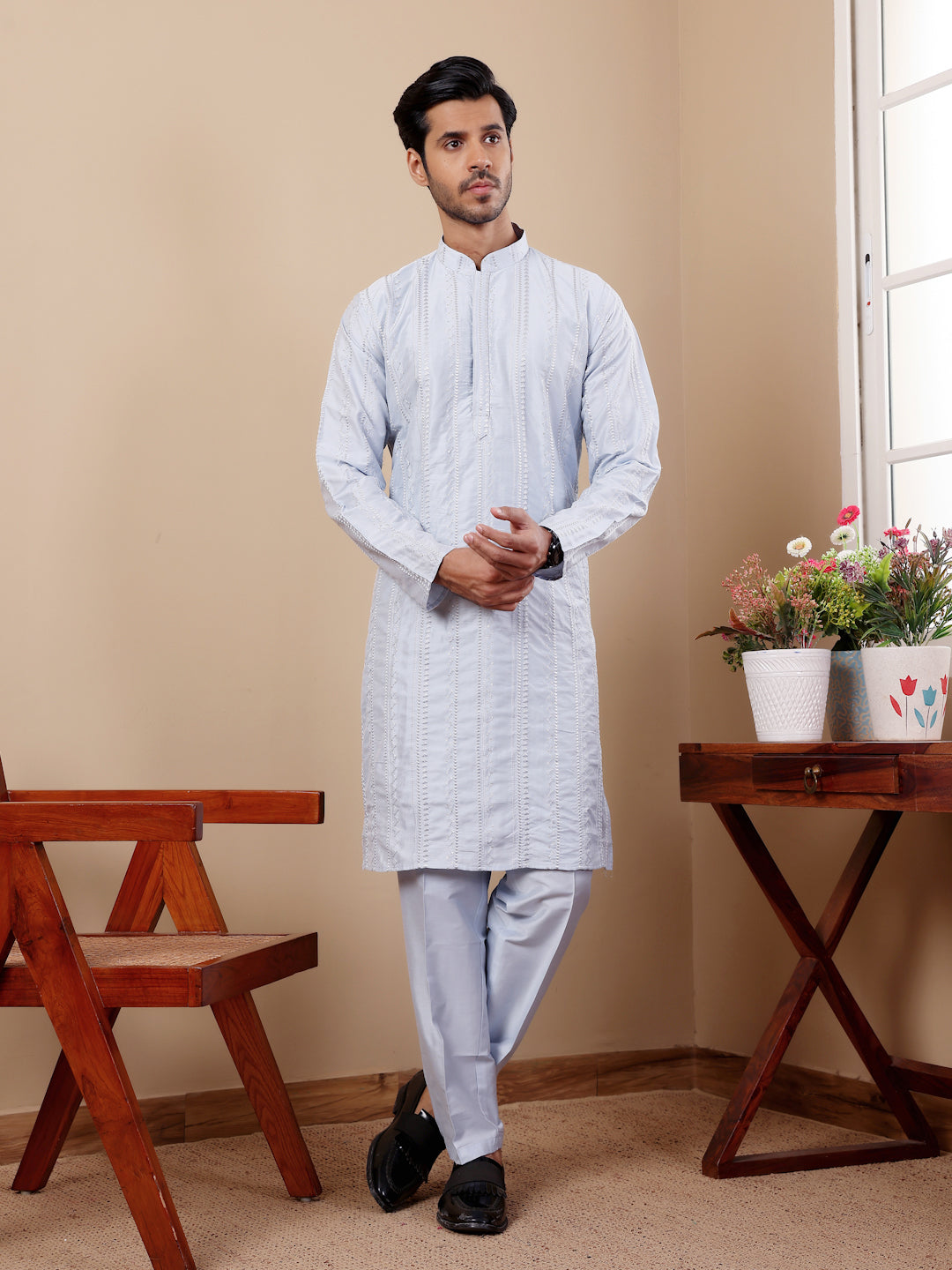 Light Blue Linen Kurta with Art Silk Payjama – Designer Embroidery Work