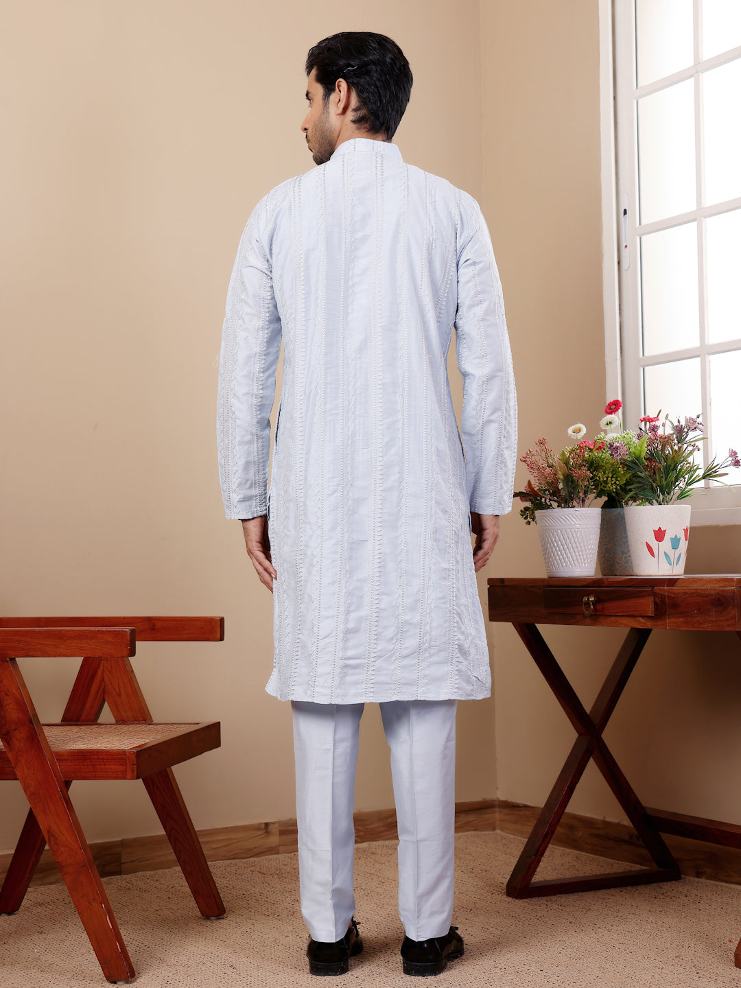 Light Blue Linen Kurta with Art Silk Payjama – Designer Embroidery Work