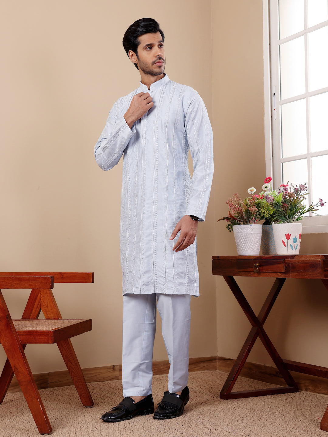 Light Blue Linen Kurta with Art Silk Payjama – Designer Embroidery Work