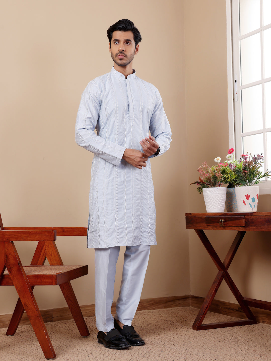 Light Blue Linen Kurta with Art Silk Payjama – Designer Embroidery Work