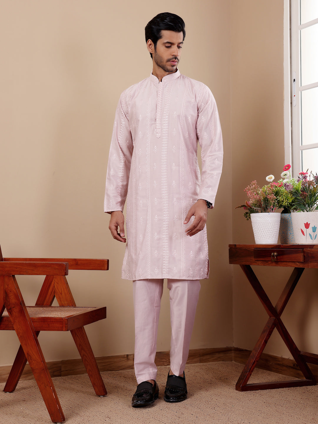 Elegant Light Pink Chikankari Kurta Pajama Set for Men – Festive & Wedding Wear