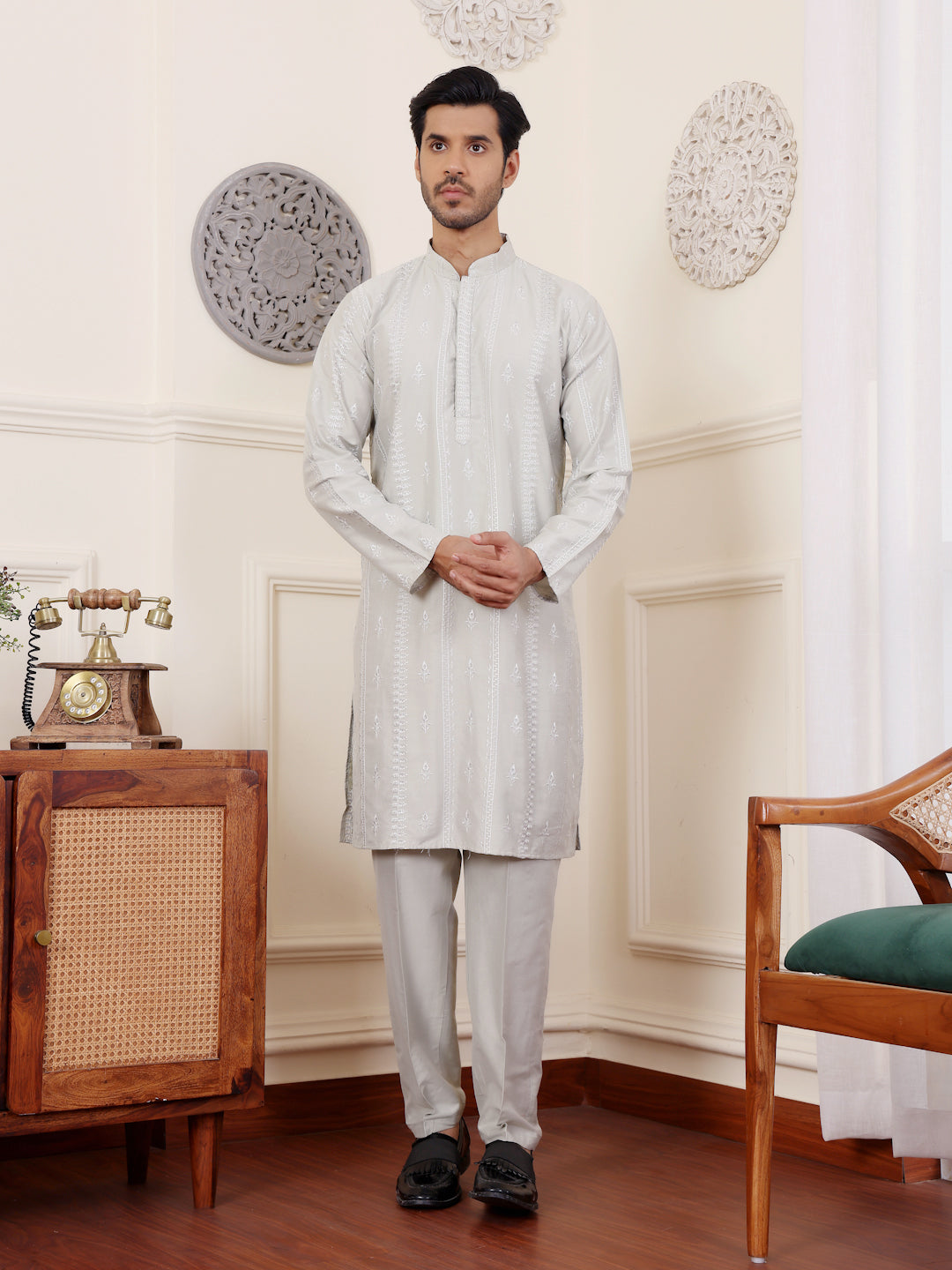 Elegant Light Green Embroidered Kurta Pajama Set for Men