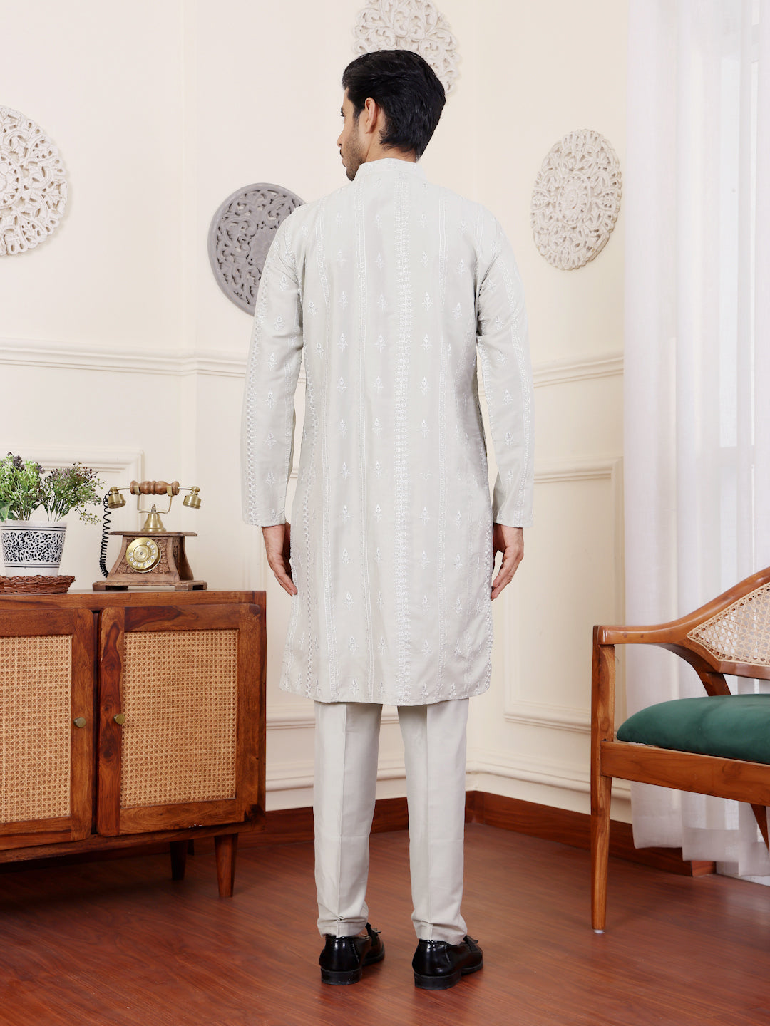 Elegant Light Green Embroidered Kurta Pajama Set for Men