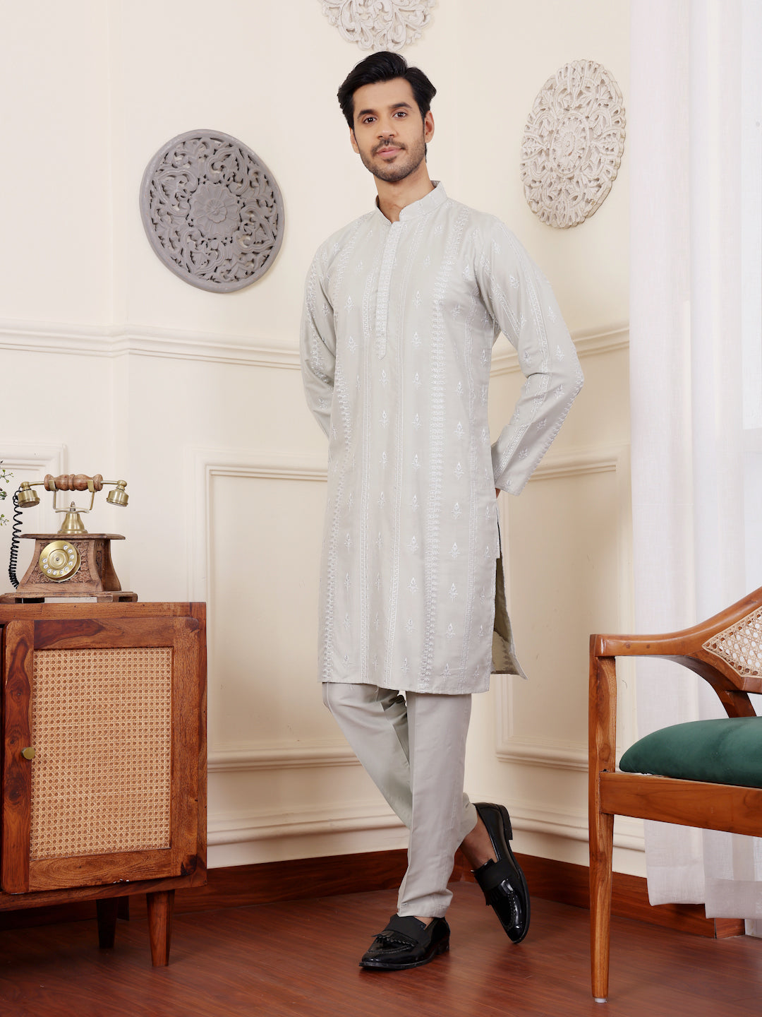 Elegant Light Green Embroidered Kurta Pajama Set for Men