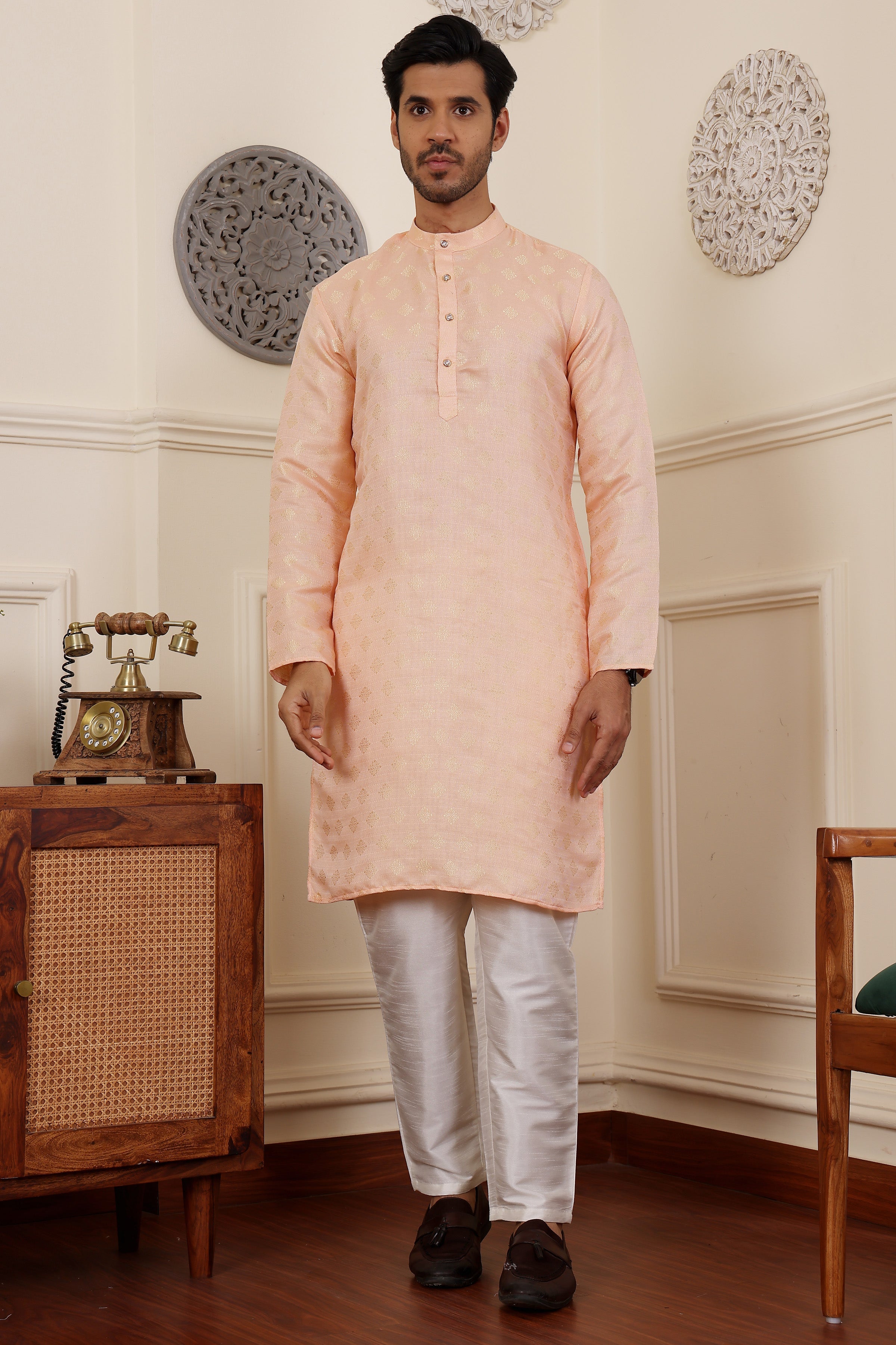 Peach Readymade Kurta Pajama Set – Viscose & Art Silk