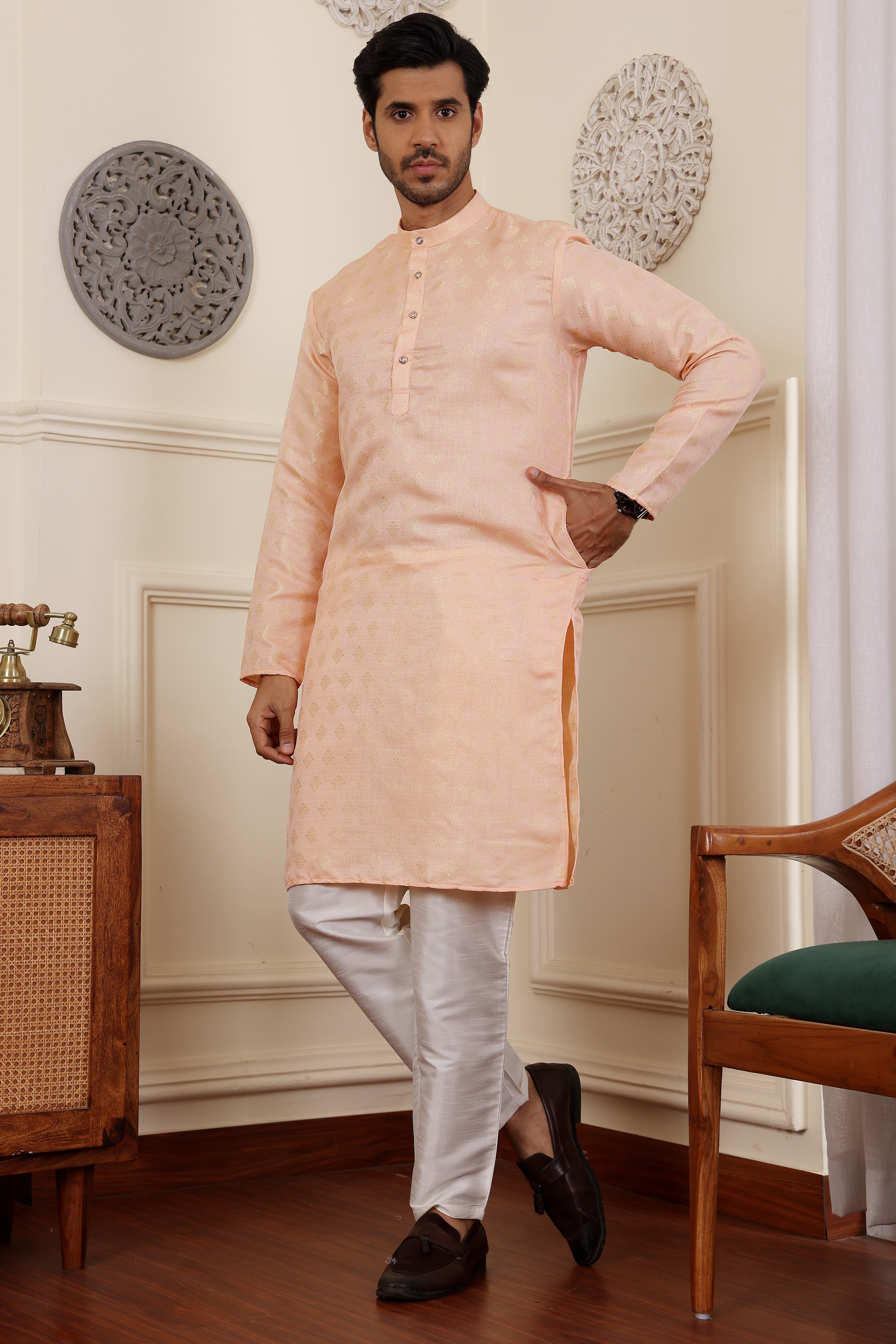 Peach Readymade Kurta Pajama Set – Viscose & Art Silk