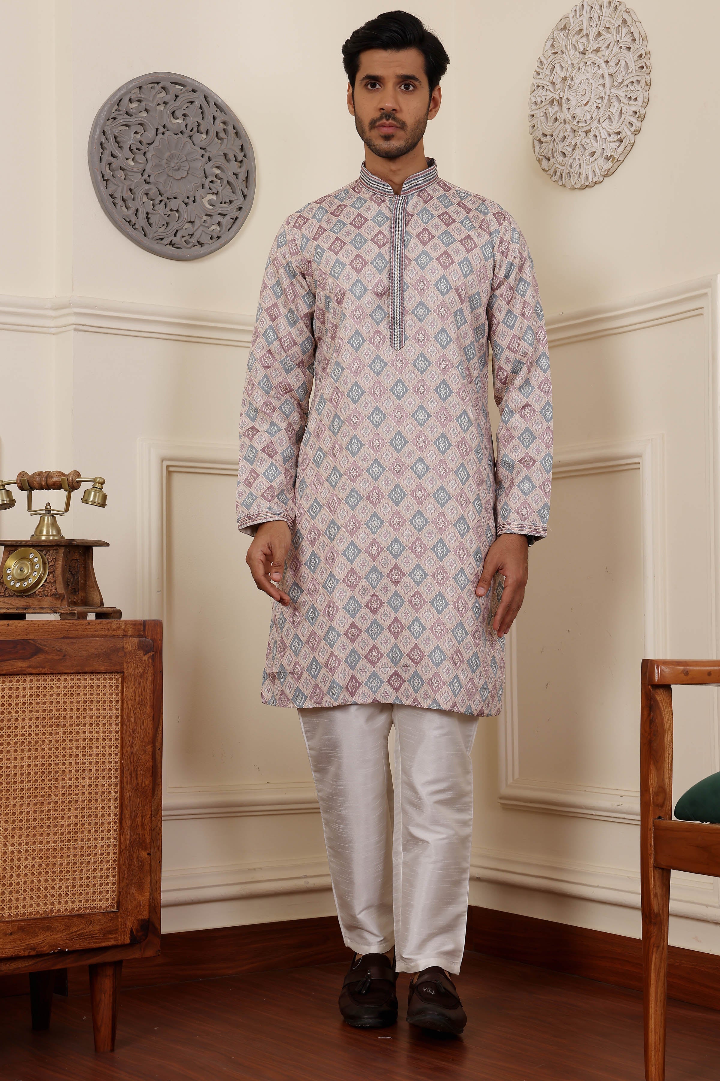 Cream Readymade Kurta Pajama Set – Viscose & Art Silk