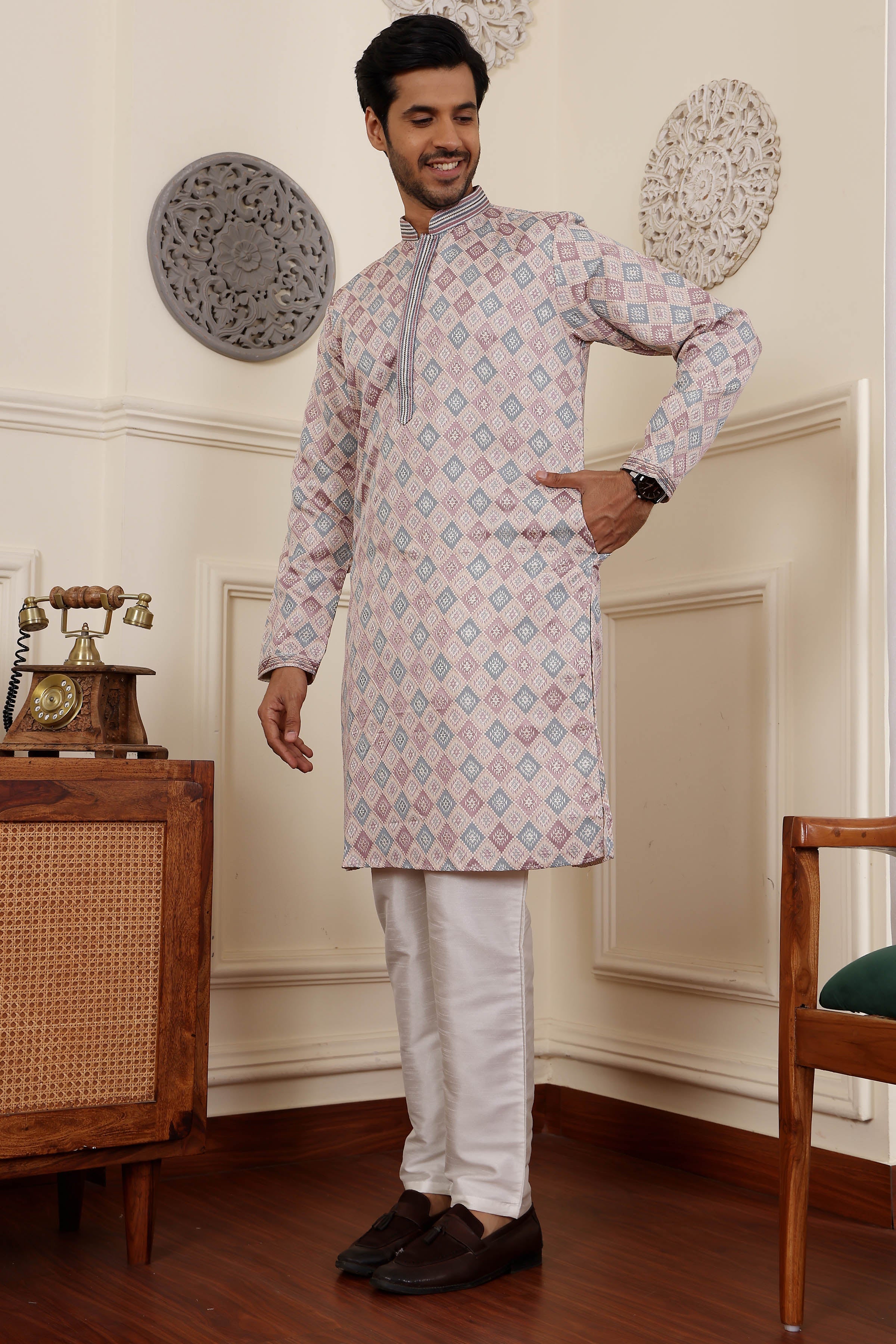 Cream Readymade Kurta Pajama Set – Viscose & Art Silk