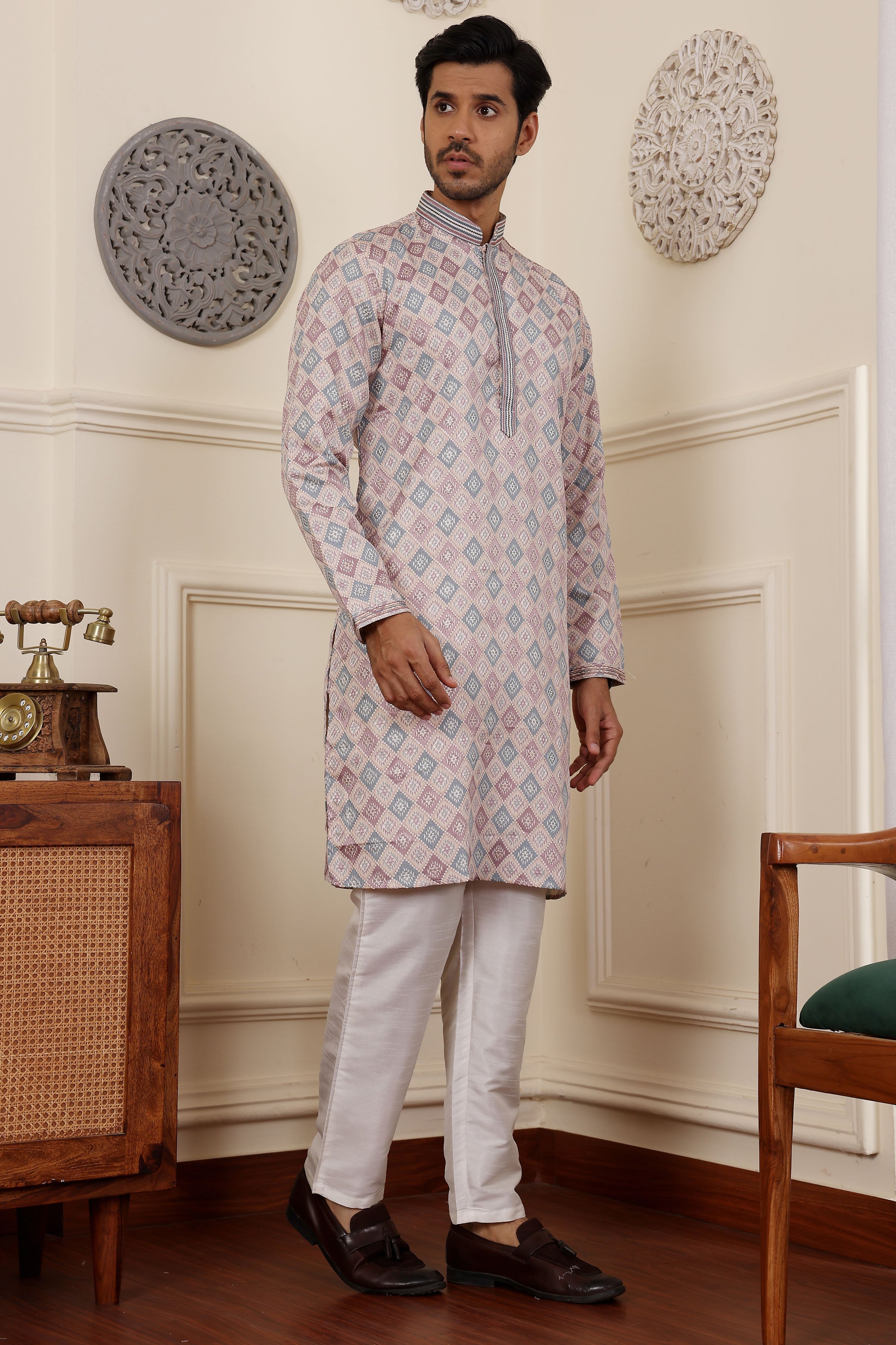 Cream Readymade Kurta Pajama Set – Viscose & Art Silk