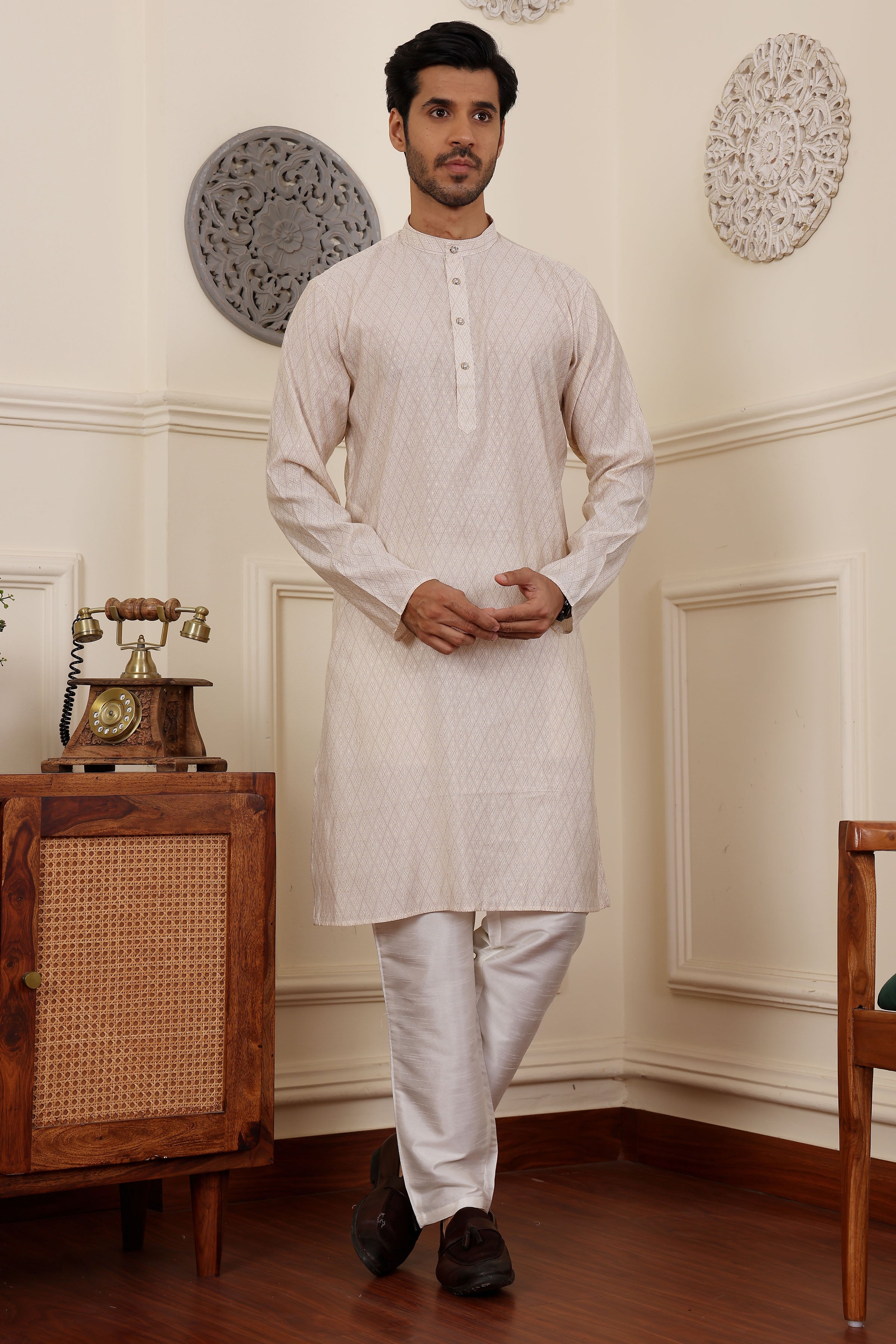 White Kurta Pajama Set – Modal Silk & Art Silk