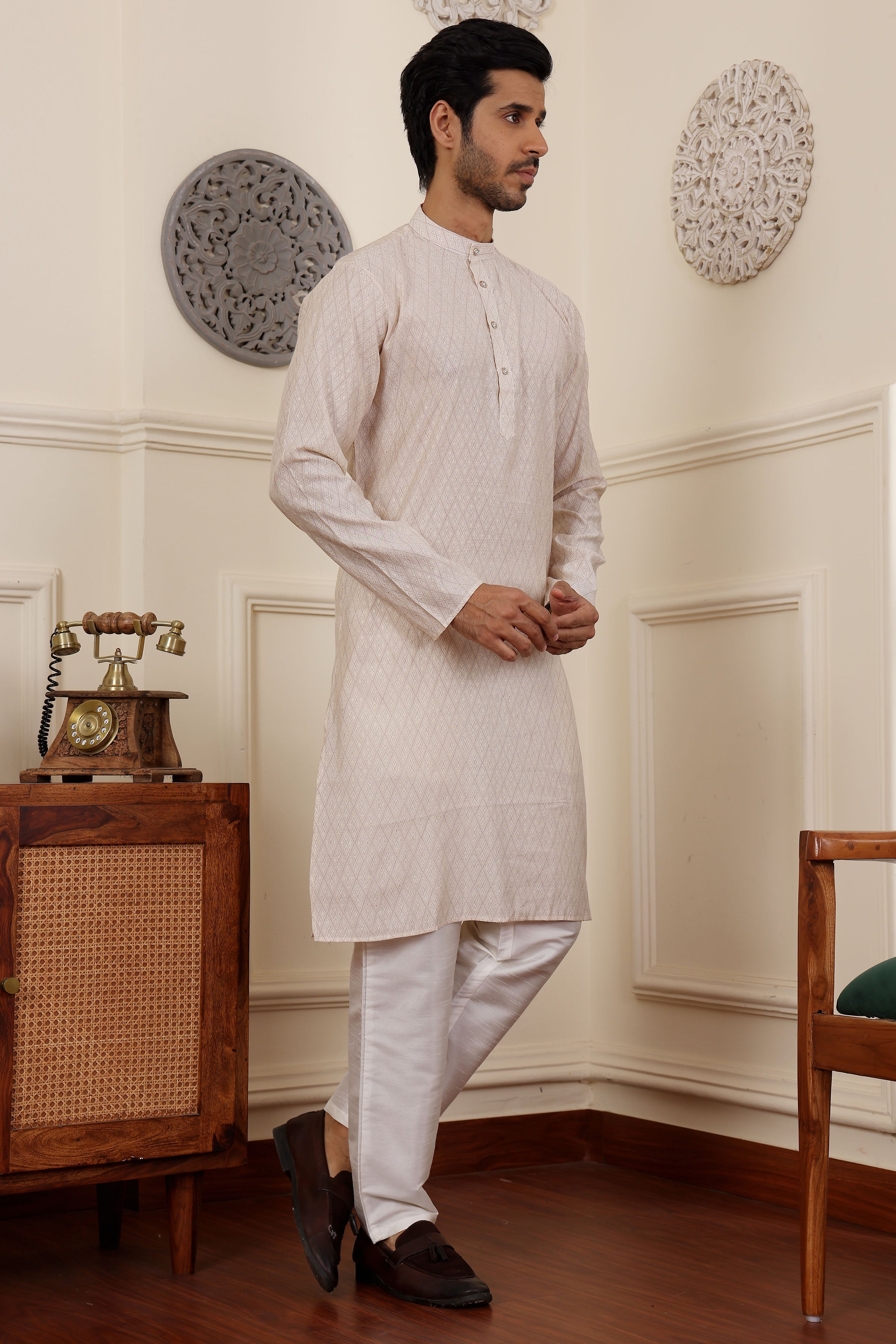 White Kurta Pajama Set – Modal Silk & Art Silk