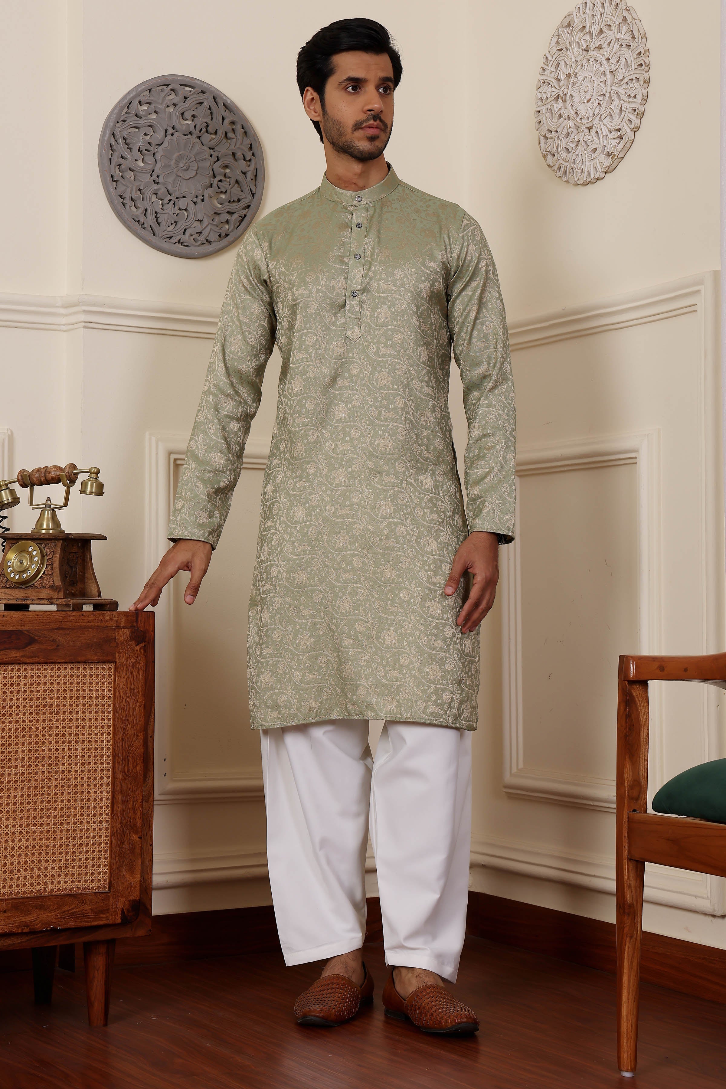 Pista Green Readymade Kurta Pajama Set – Viscose & Art Silk