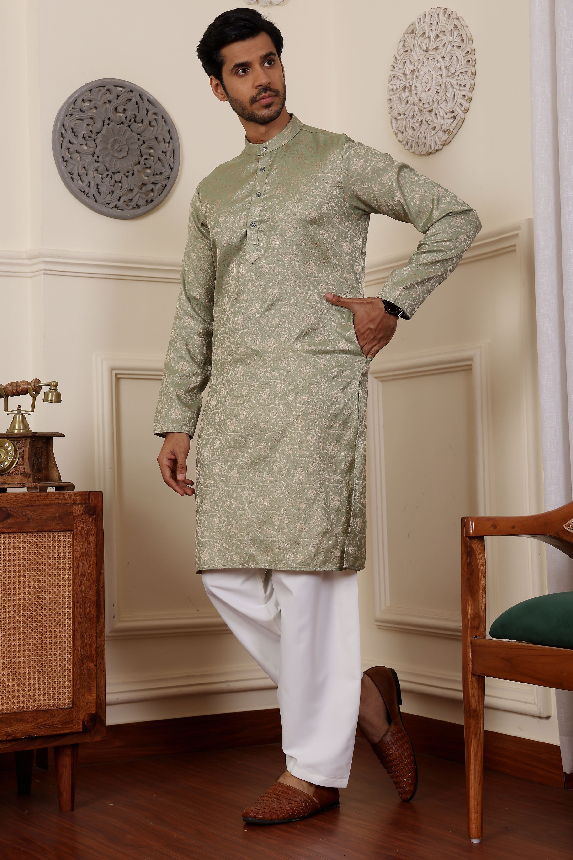 Pista Green Readymade Kurta Pajama Set – Viscose & Art Silk