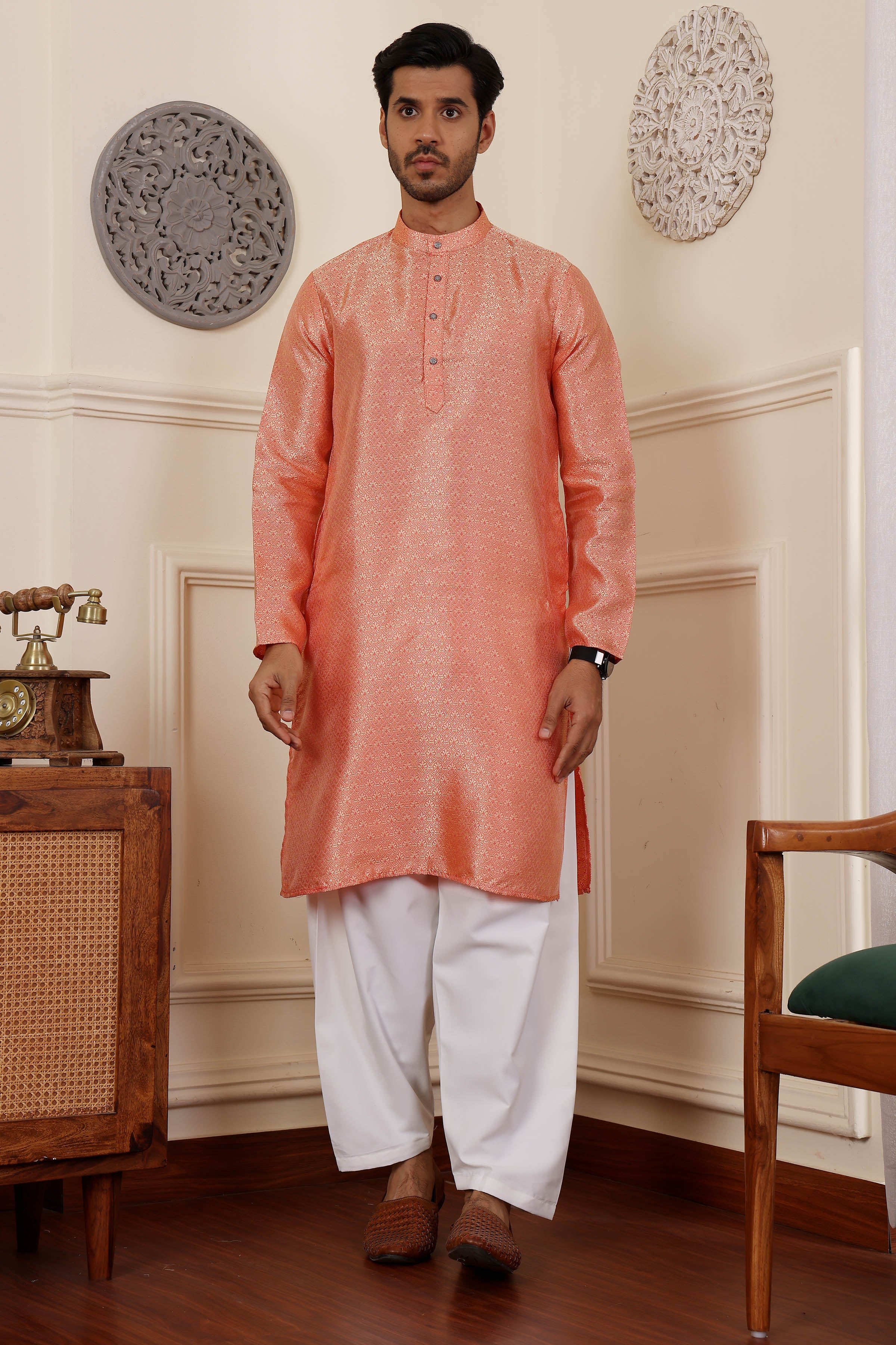 Orange Readymade Kurta Pajama Set – Viscose & Art Silk