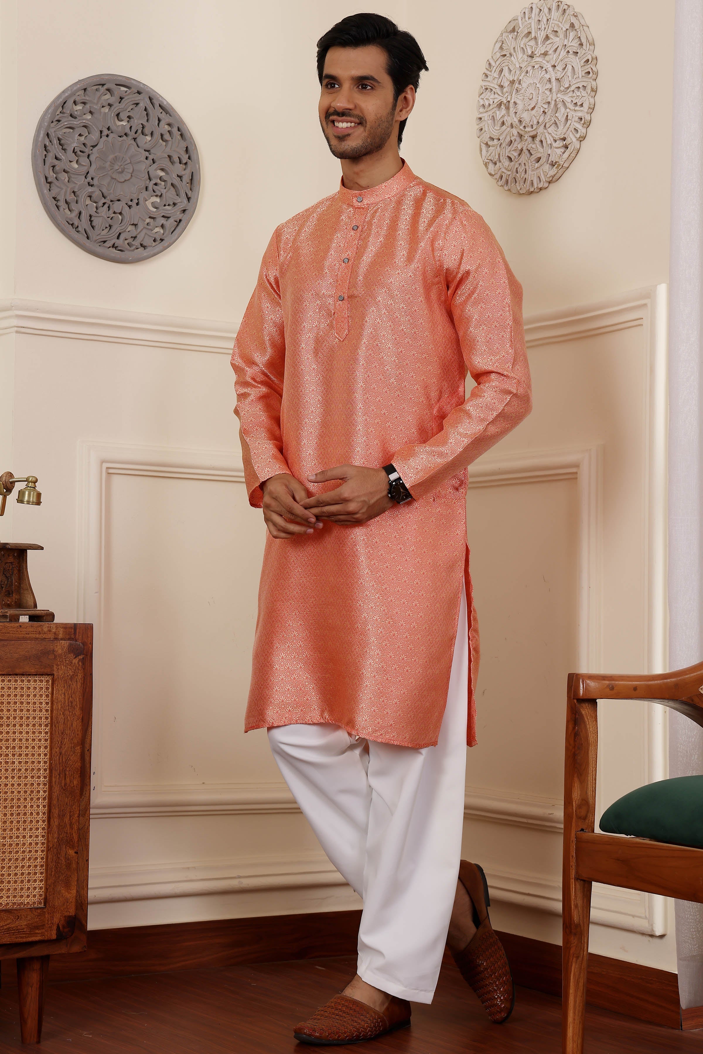 Orange Readymade Kurta Pajama Set – Viscose & Art Silk