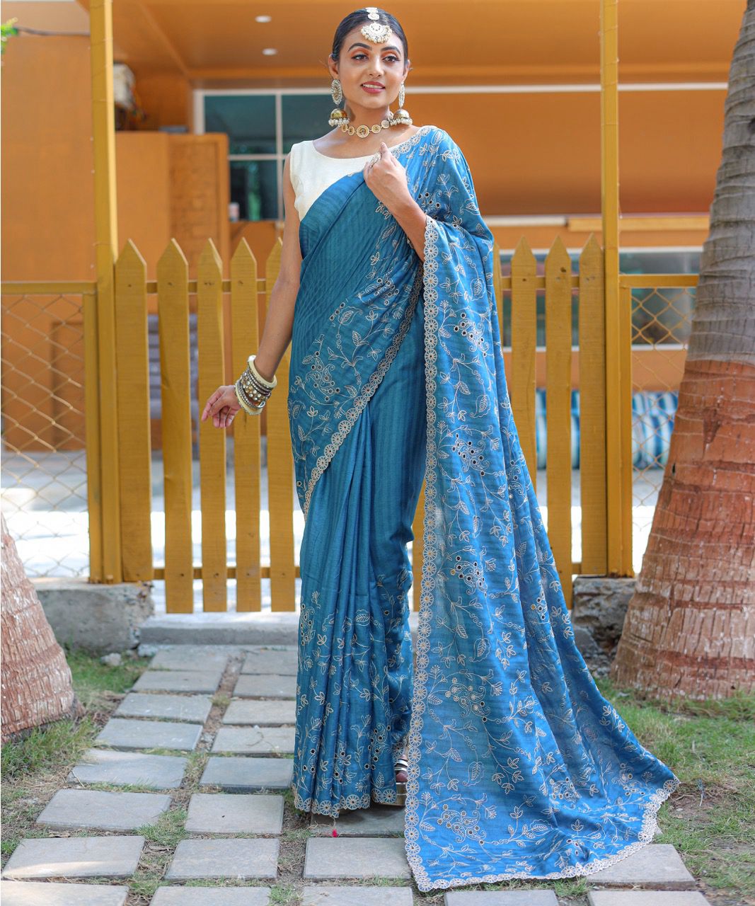 Azure Bloom Handworked Soft Silk Saree with Floral Cutwork Border