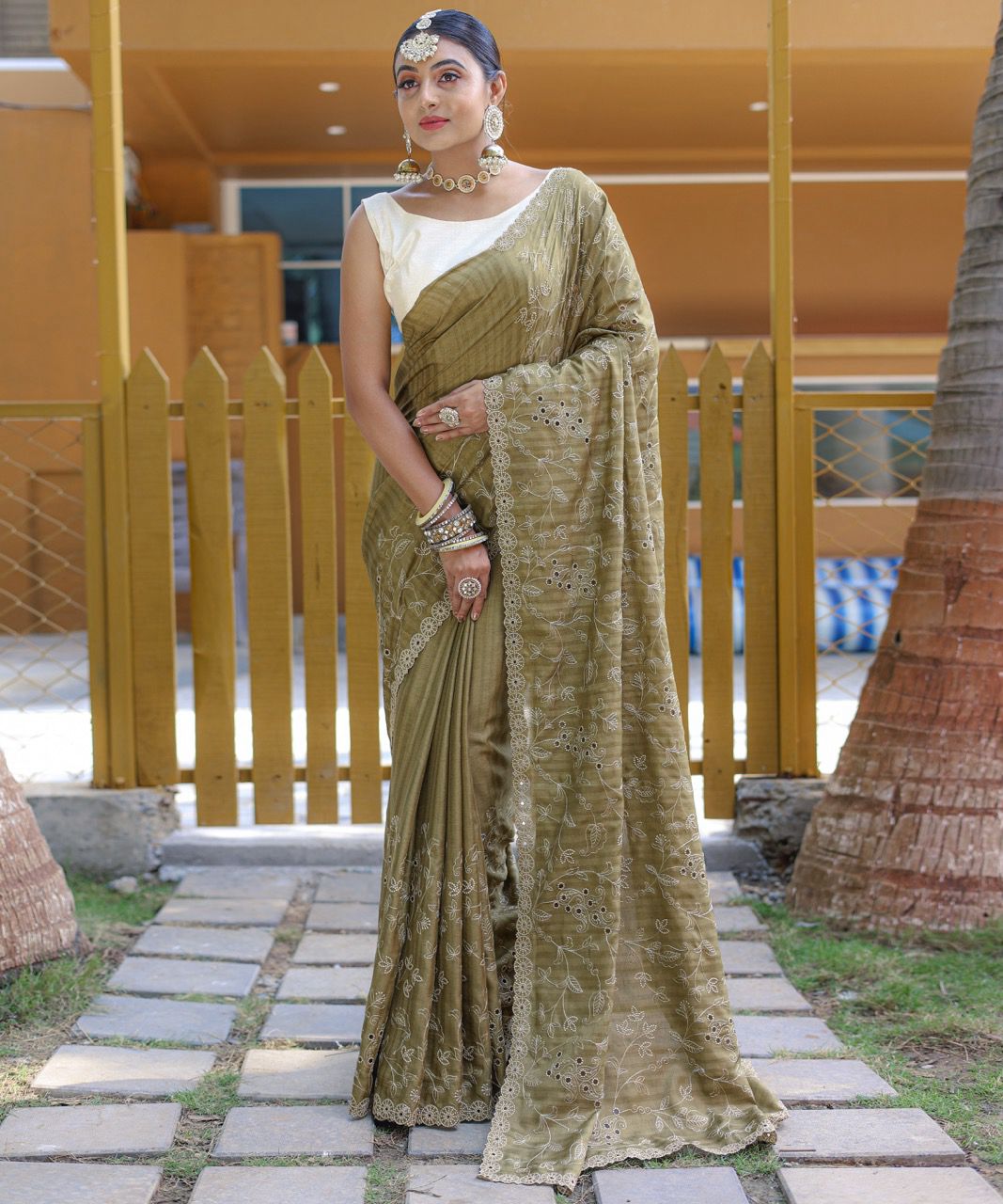 Olive Elegance Handworked Soft Silk Saree with Floral Cutwork Border