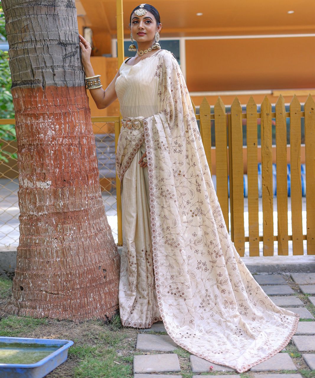 Ivory Bloom Handworked Soft Silk Saree with Floral Cutwork Border