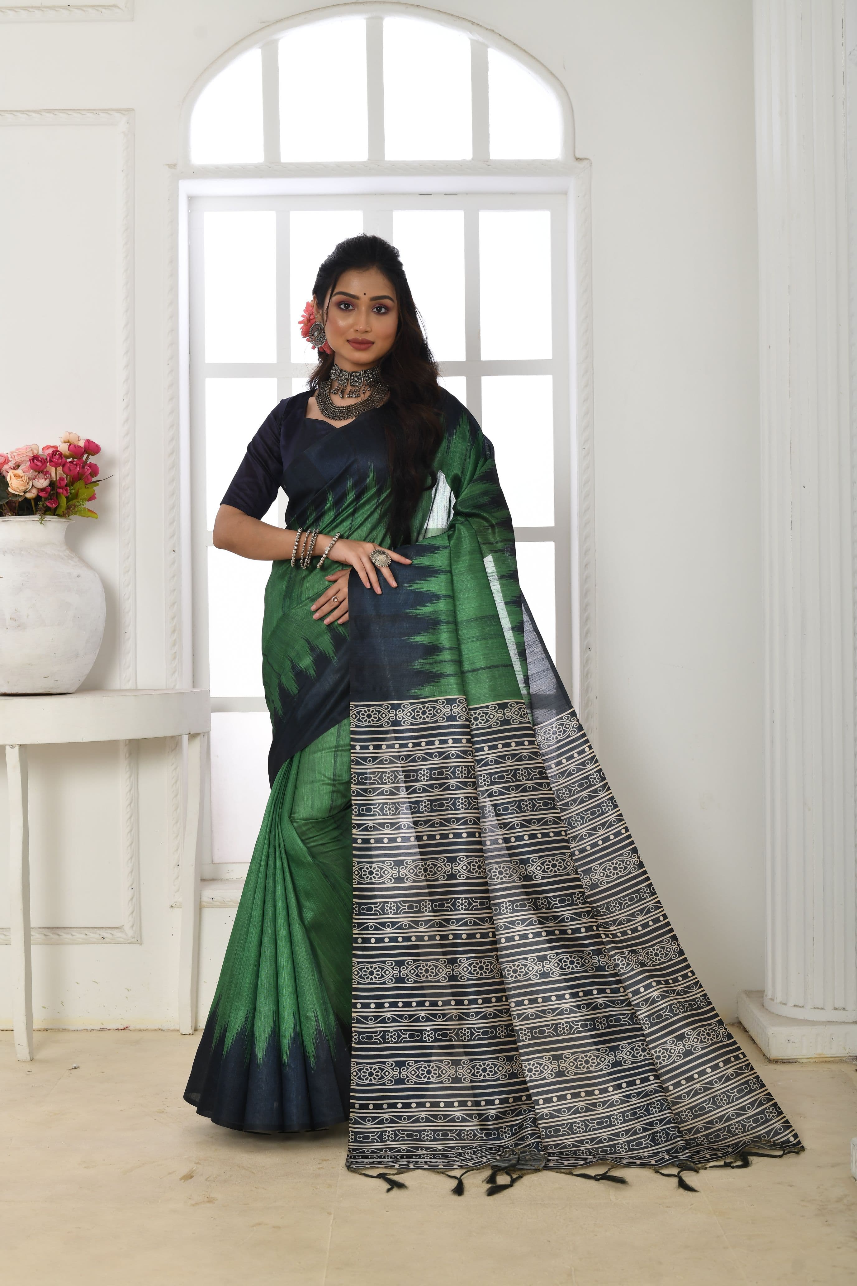 Forest Hues Soft Tussar Silk Saree with Temple Border and Printed Pallu