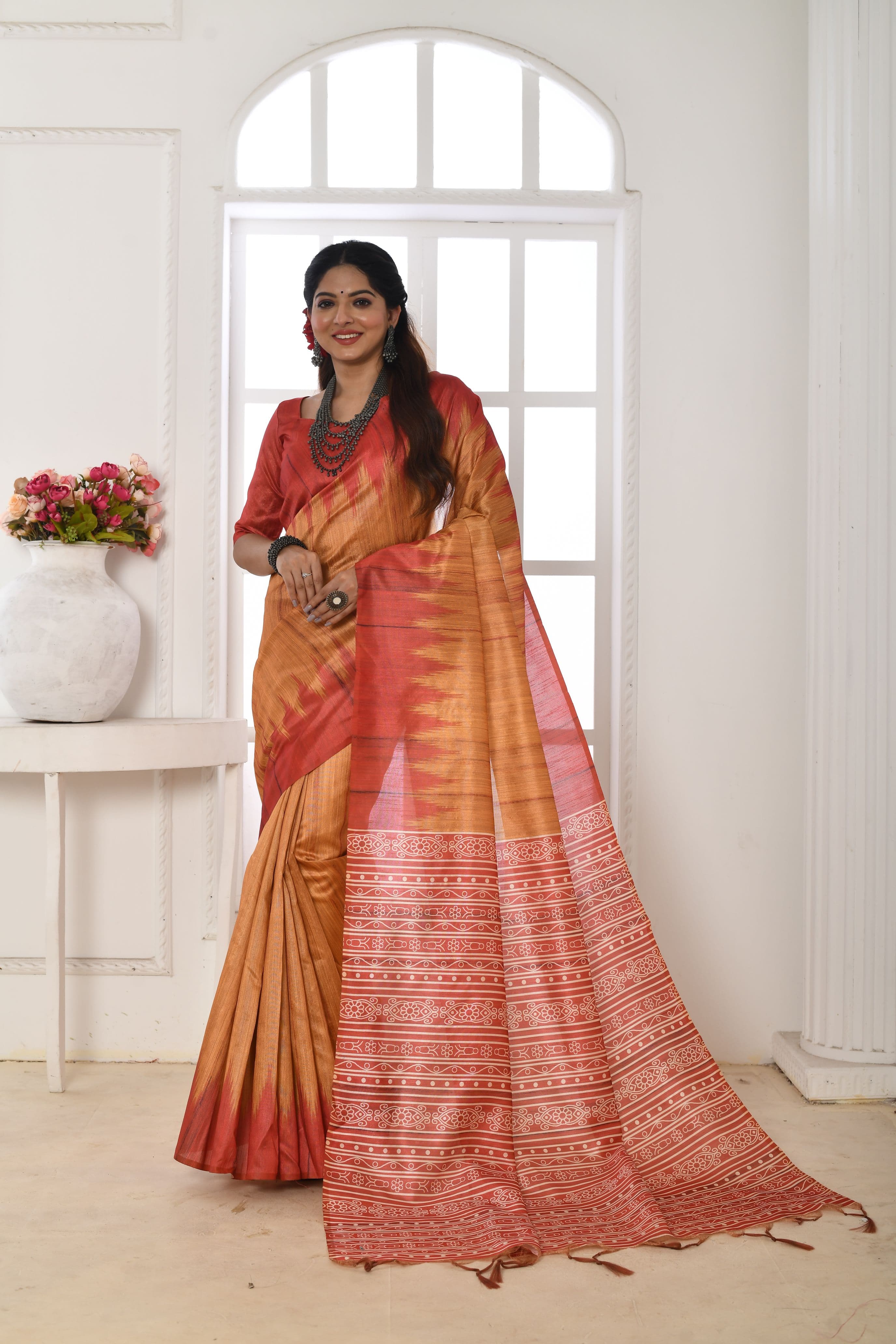 Rust Flame Soft Tussar Silk Saree with Temple Border and Printed Pallu
