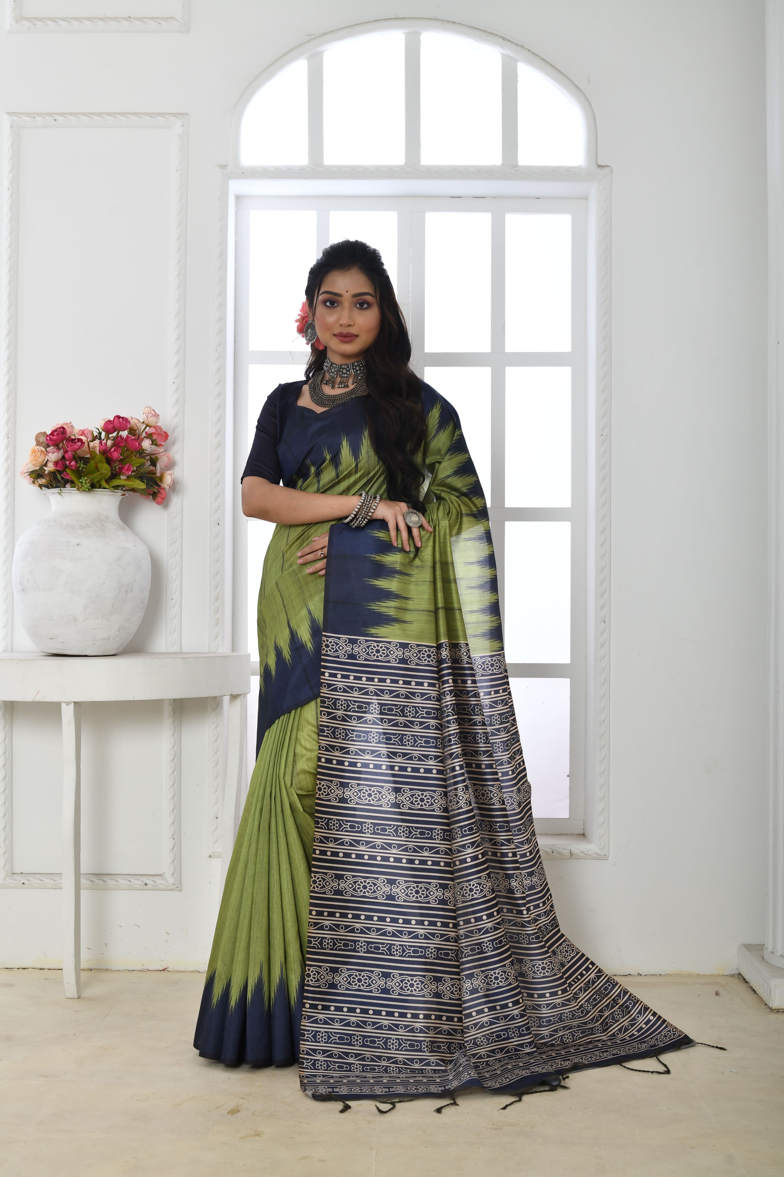 Olive Echo Soft Tussar Silk Saree with Temple Border and Printed Pallu