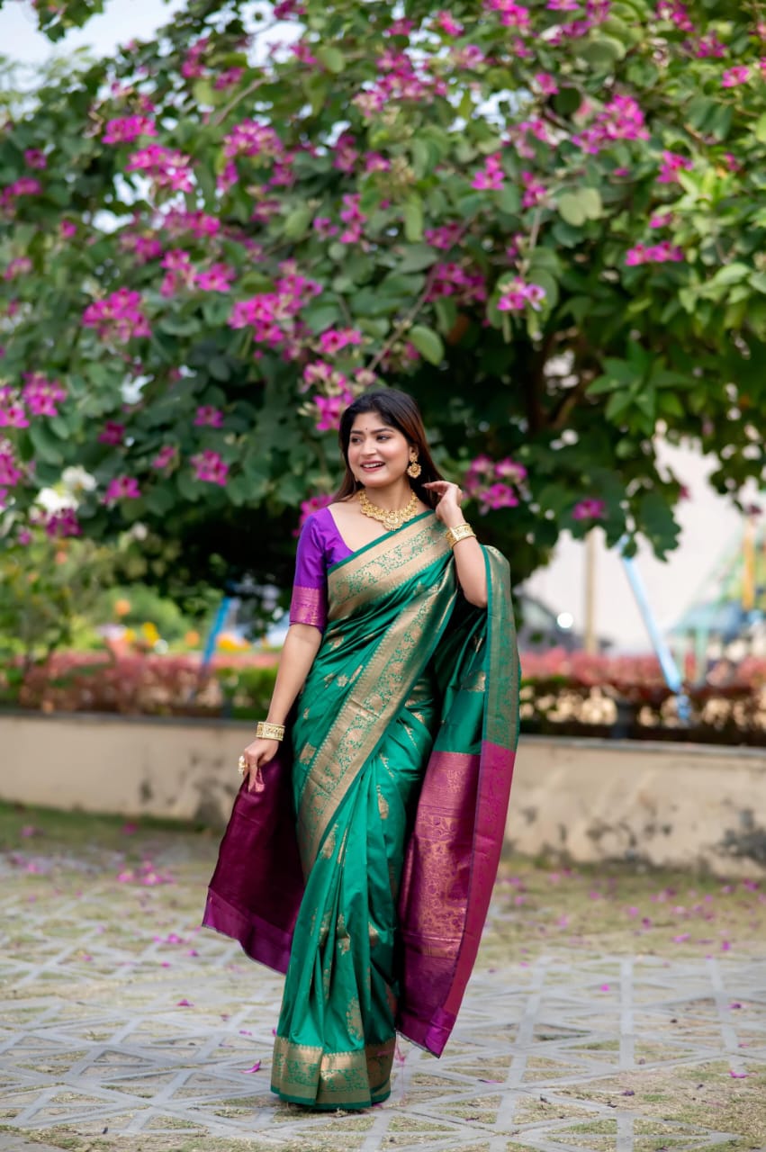 Emerald Green Soft Banarasi Katan Silk Pattu Saree with Rich Magenta Zari Pal