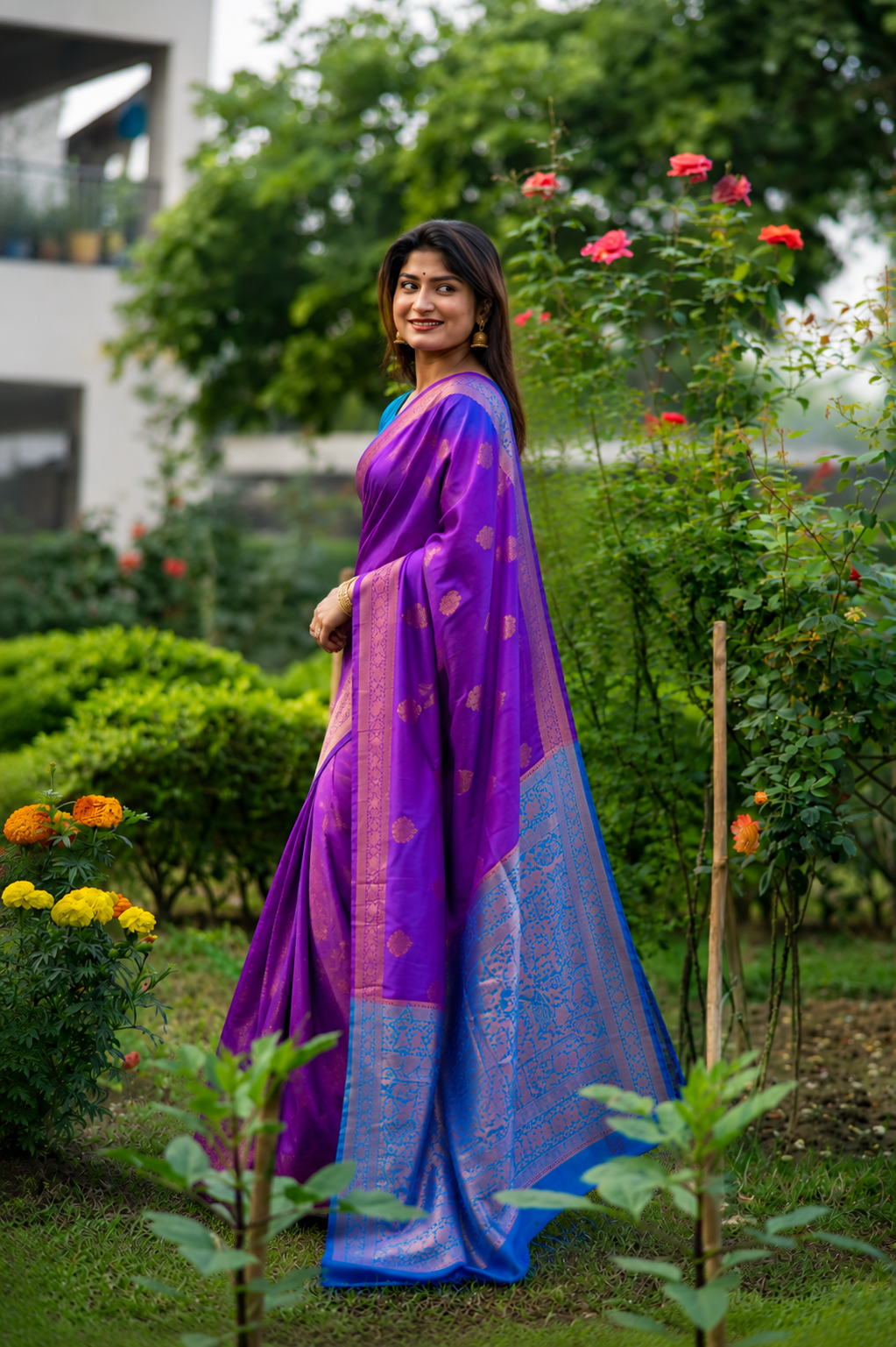 Royal Purple Soft Banarasi Katan Silk Pattu Saree with Royal Blue Contrast Zari Pallu