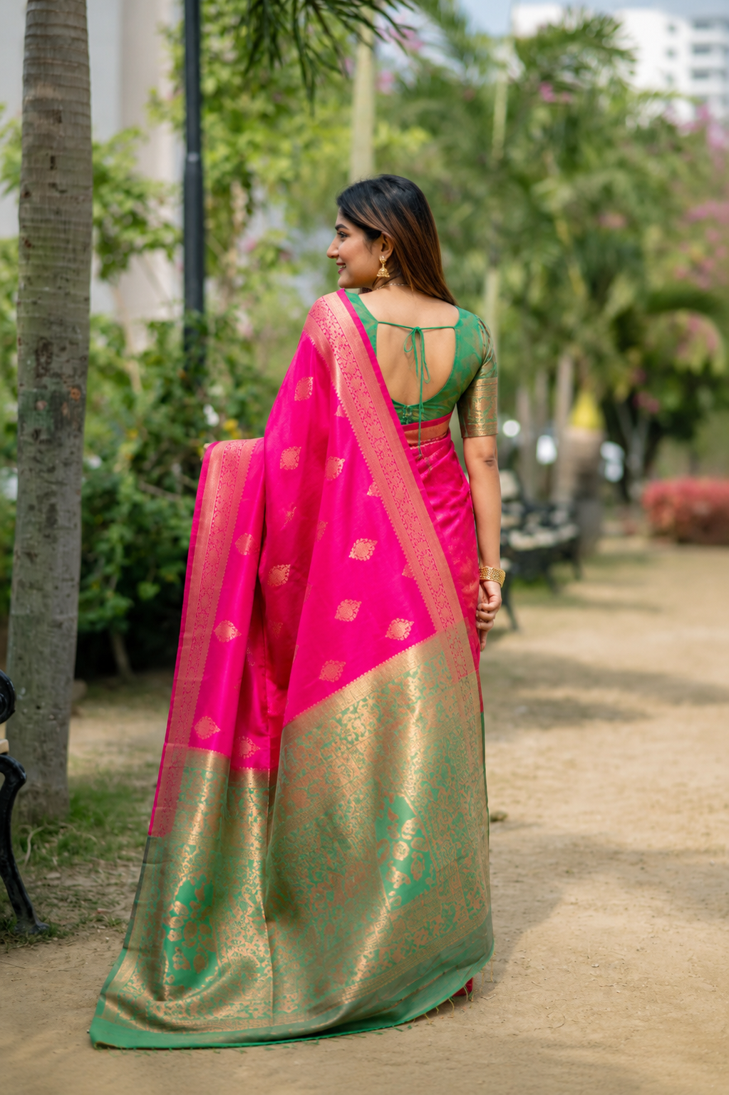 Rani Pink Soft Banarasi Katan Silk Pattu Saree with Emerald Green Contrast Zari Pallu