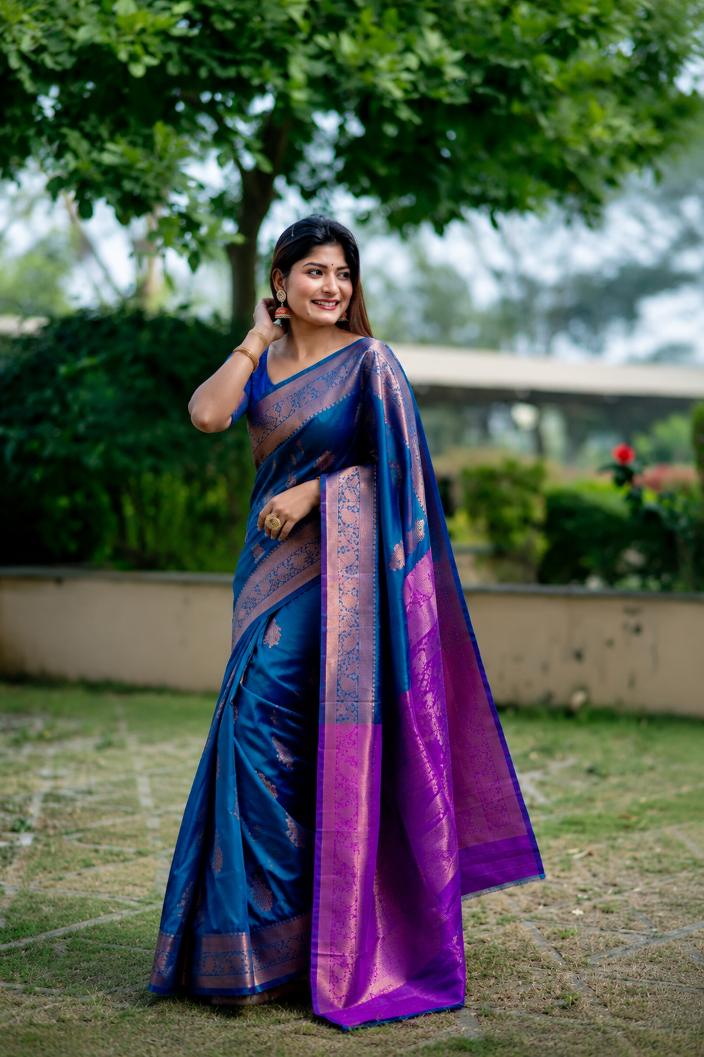 Royal Navy Blue Soft Banarasi Katan Silk Pattu Saree with Purple Contrast Zari Pallu