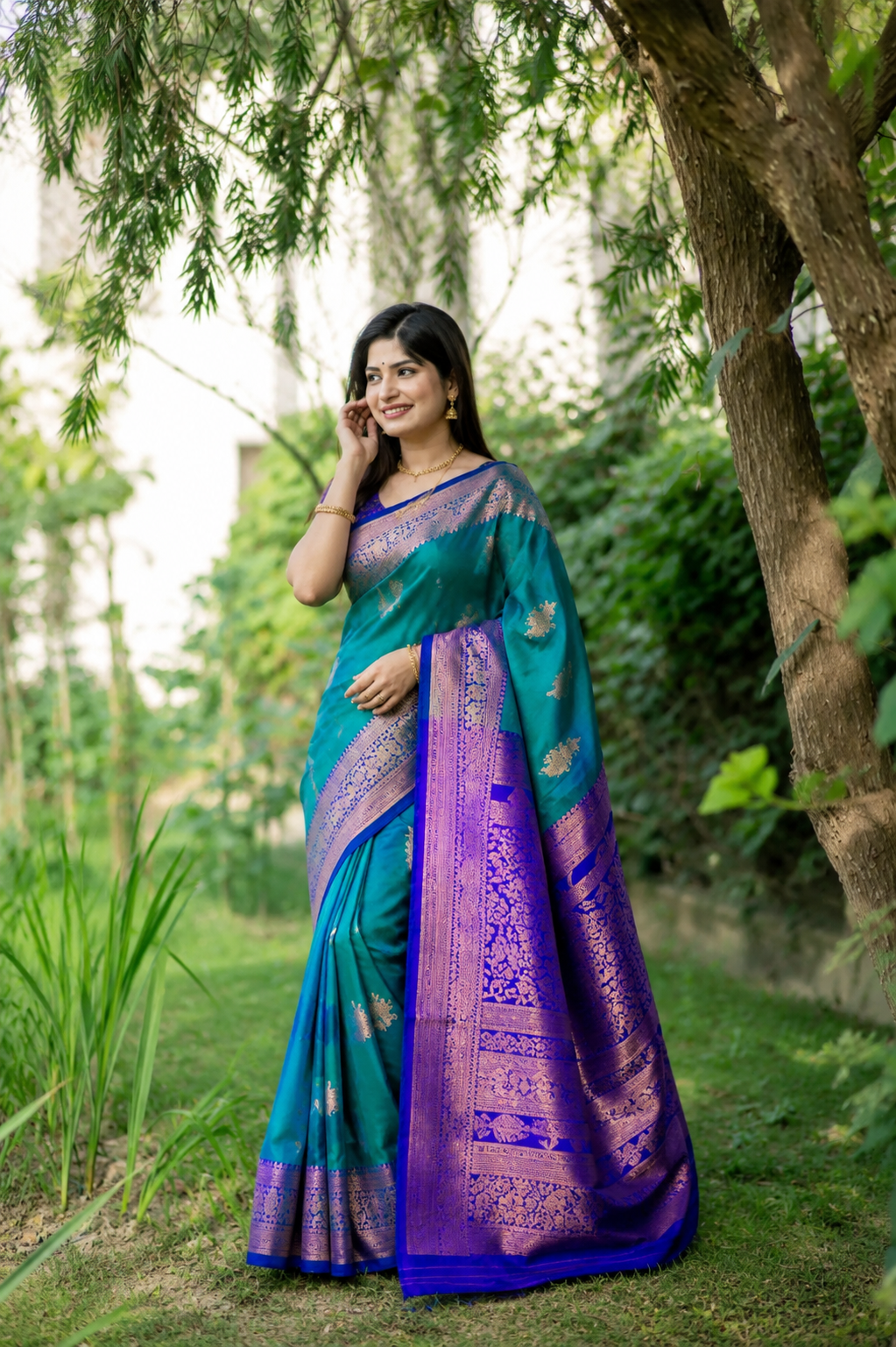 Elegant Teal Blue Soft Banarasi Katan Silk Pattu Saree with Royal Purple Contrast Zari Pallu