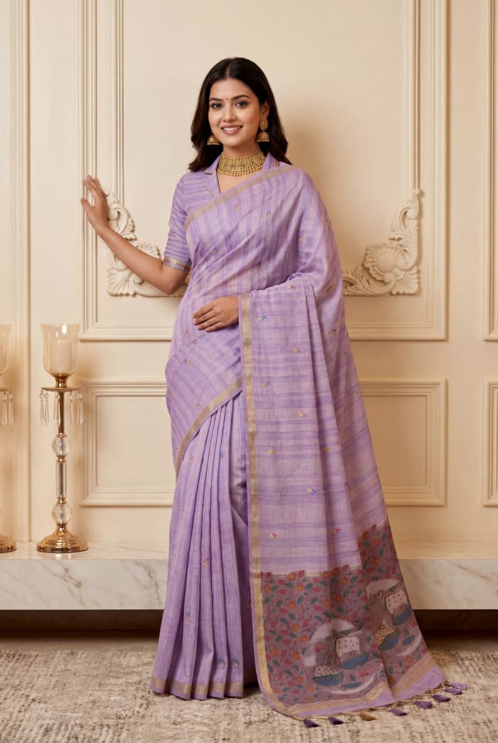 Lavender Premium Ghicha Cotton Saree with Resham Woven Pichwai Pallu