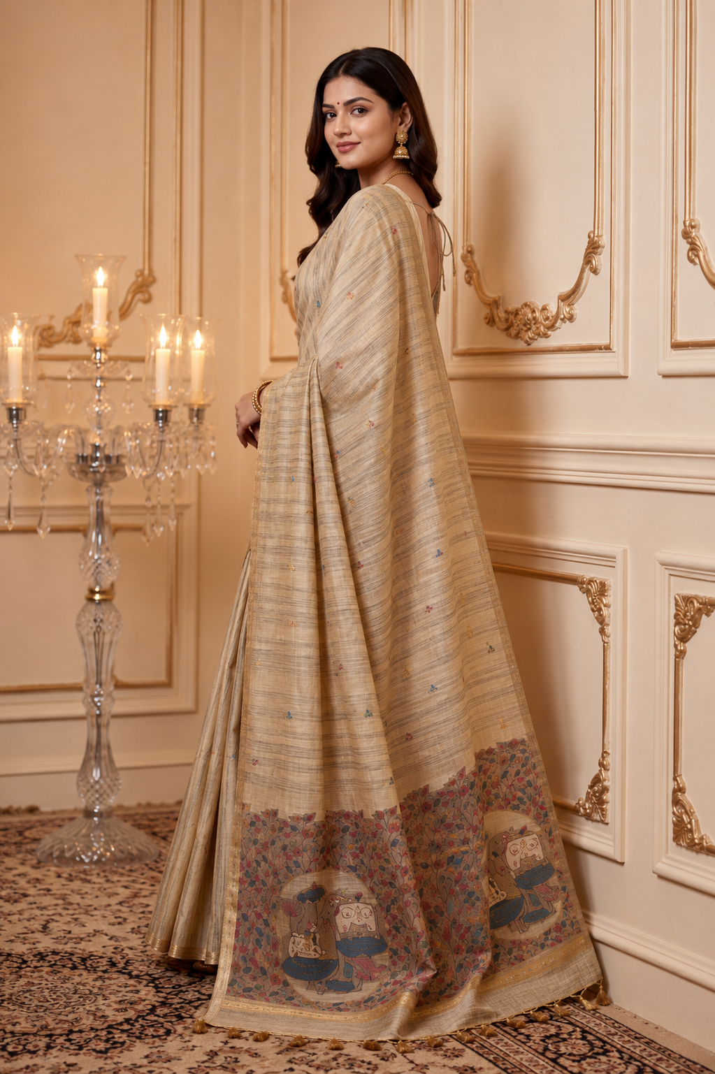 Natural Beige Premium Ghicha Cotton Saree with Resham Woven Pichwai Pallu