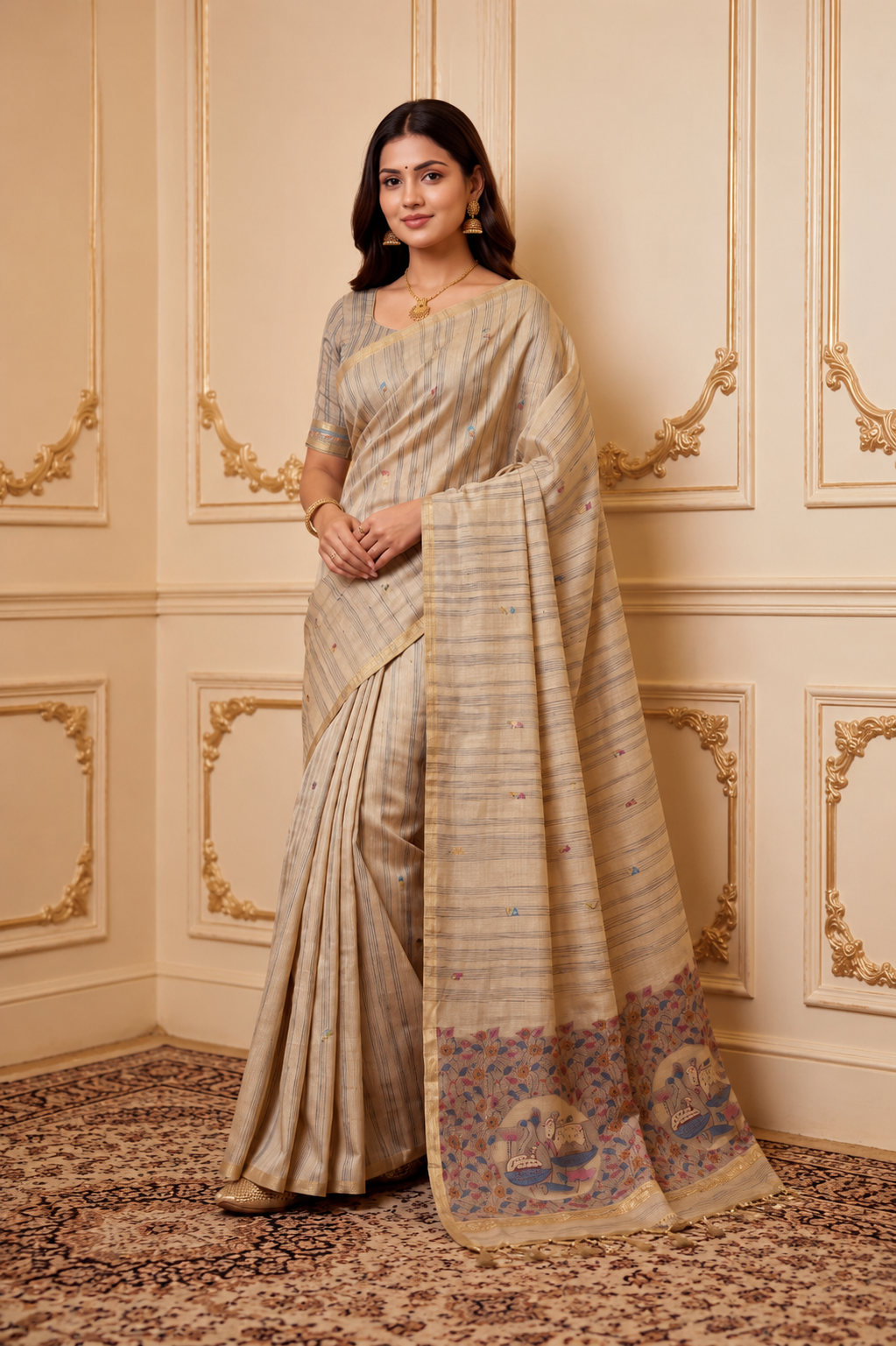 Natural Beige Premium Ghicha Cotton Saree with Resham Woven Pichwai Pallu