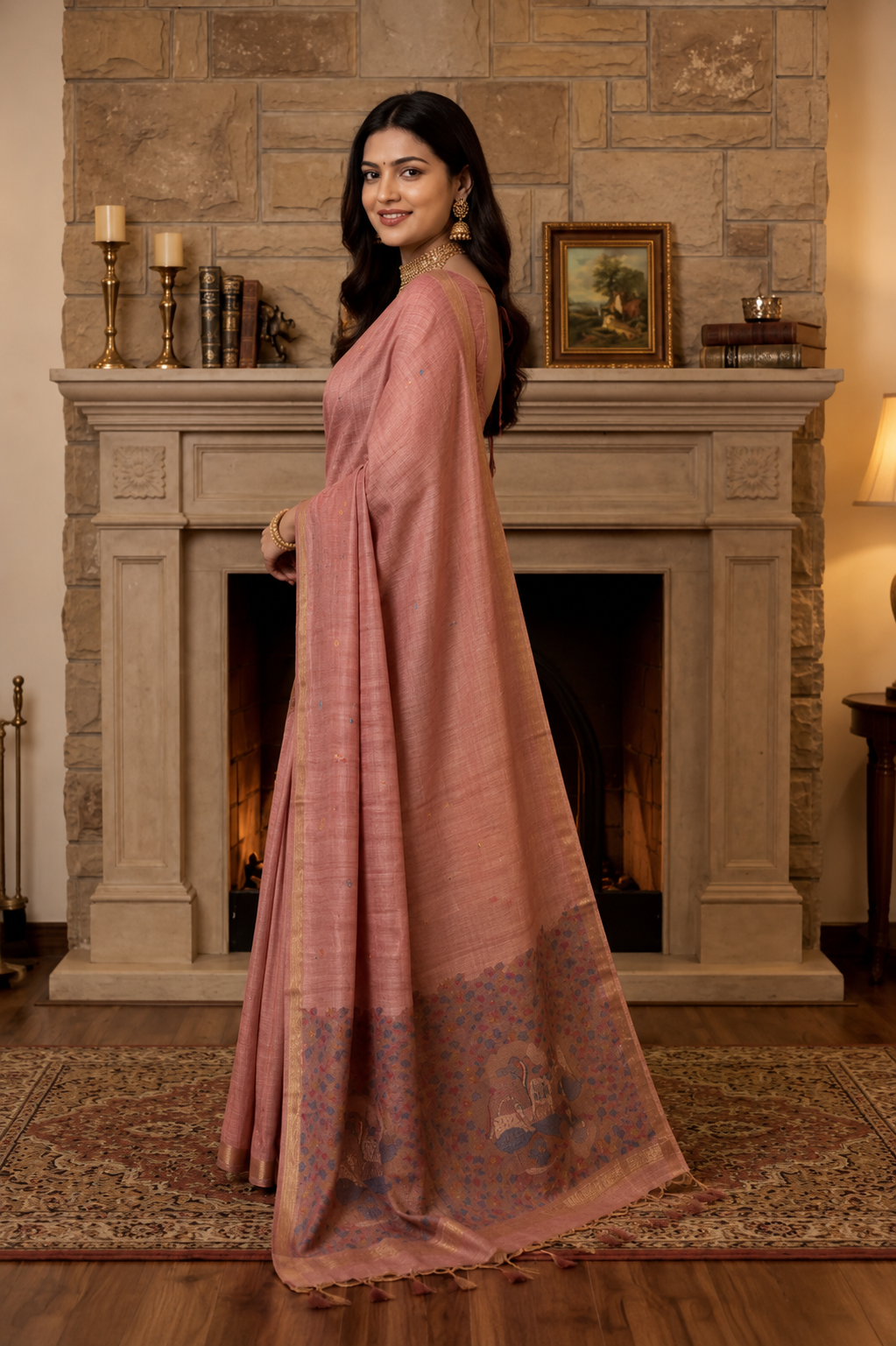 Dusty Rose Premium Ghicha Cotton Saree with Resham Woven Pichwai Pallu