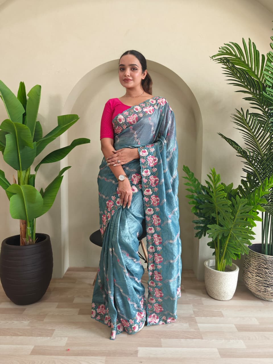 Sky Blue Pure Crush Silk Saree with Leheriya Embroidery & Floral Cut Work Contrast Pallu