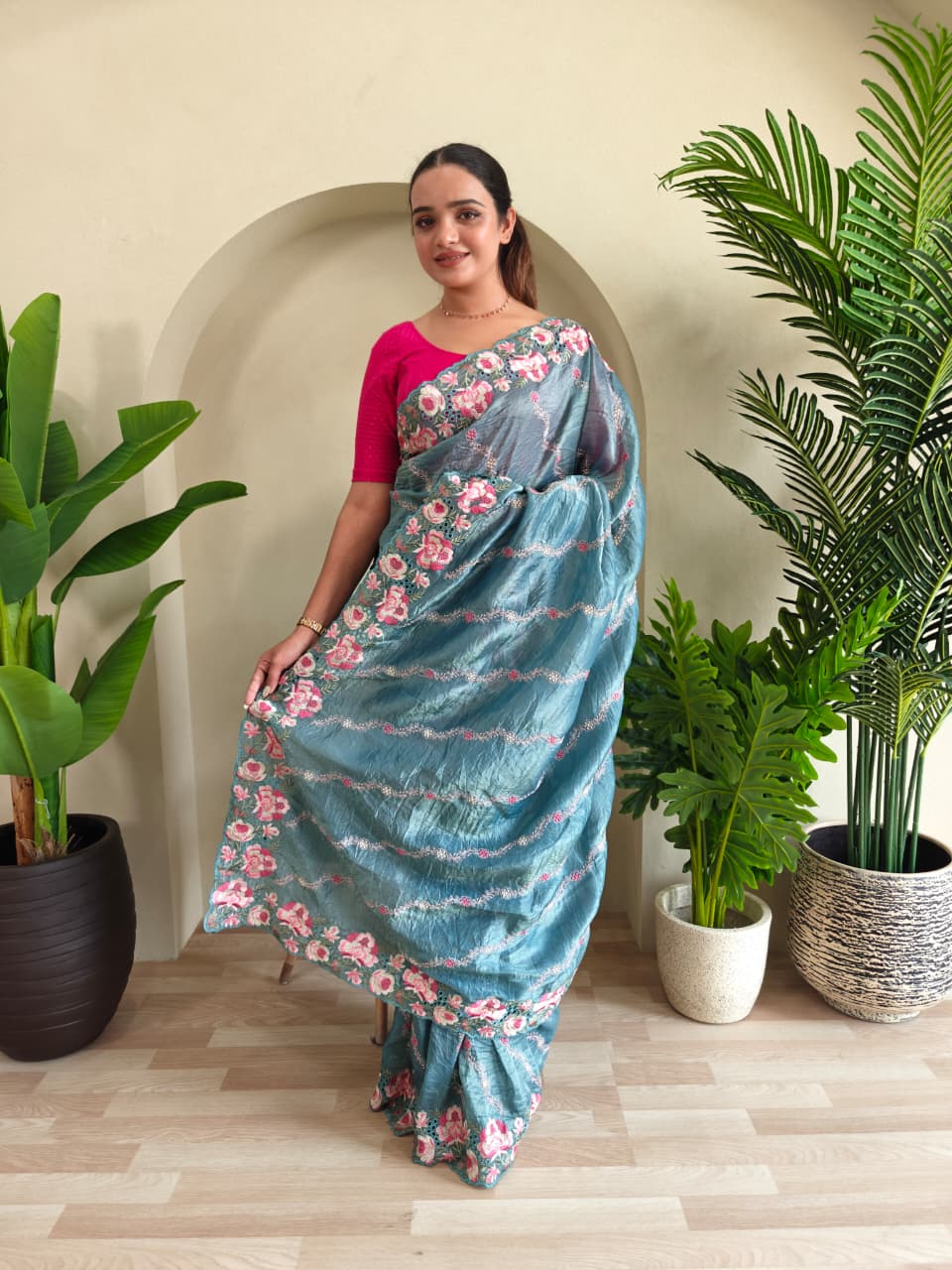 Sky Blue Pure Crush Silk Saree with Leheriya Embroidery & Floral Cut Work Contrast Pallu