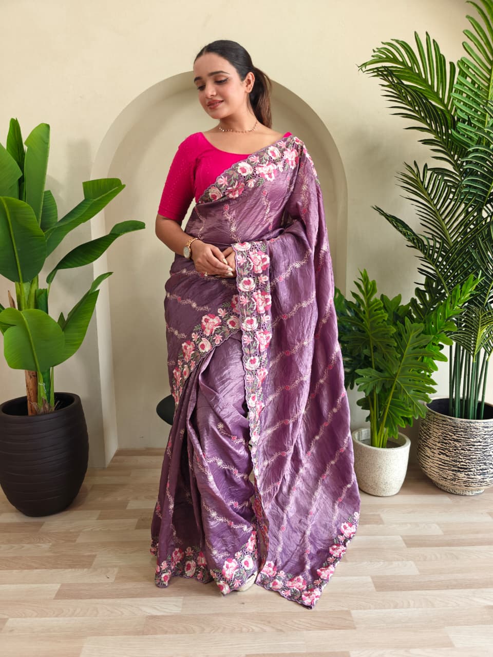 Dusty Lavender Pure Crush Silk Saree with Leheriya Embroidery & Floral Cut Work Contrast Pallu