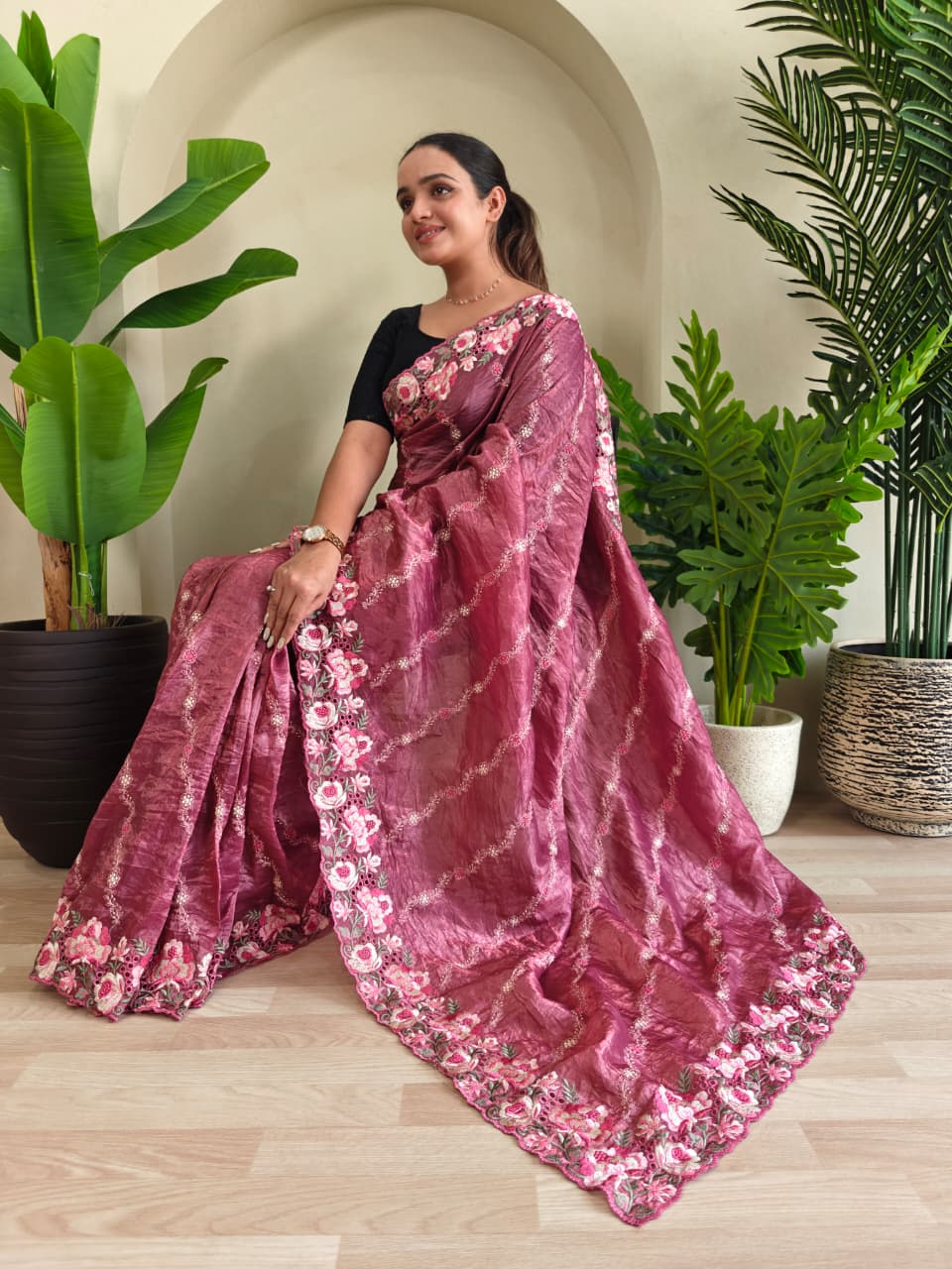 Rosewood Mauve Pure Crush Silk Saree with Leheriya Embroidery & Floral Cut Work Contrast Pallu
