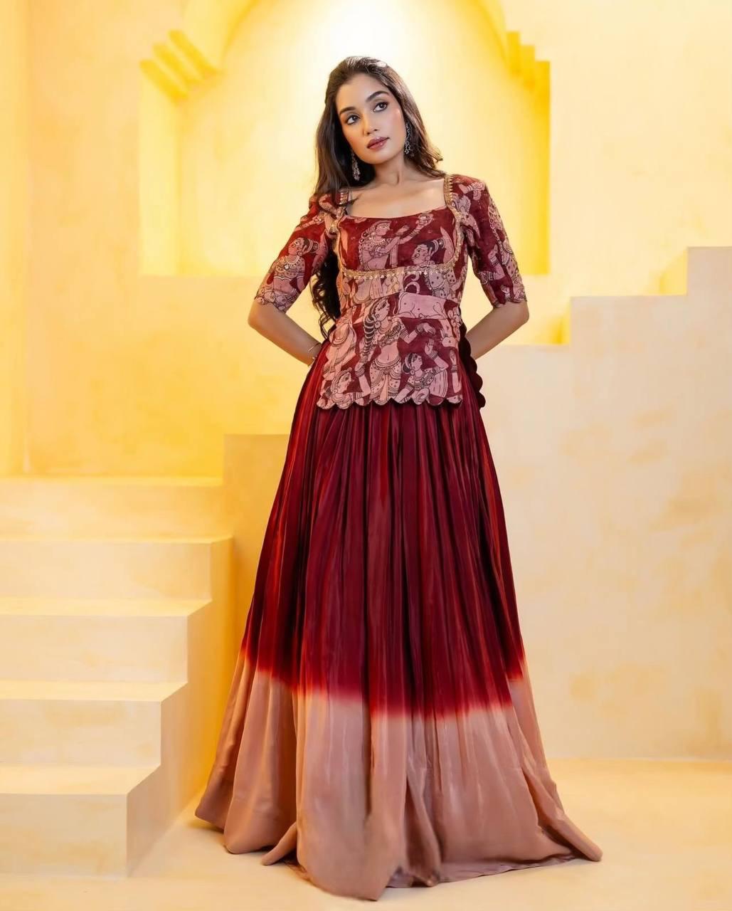 Elegant Kalamkari Print Chinon Crop Top with Ombre Lehenga – Maroon & Peach