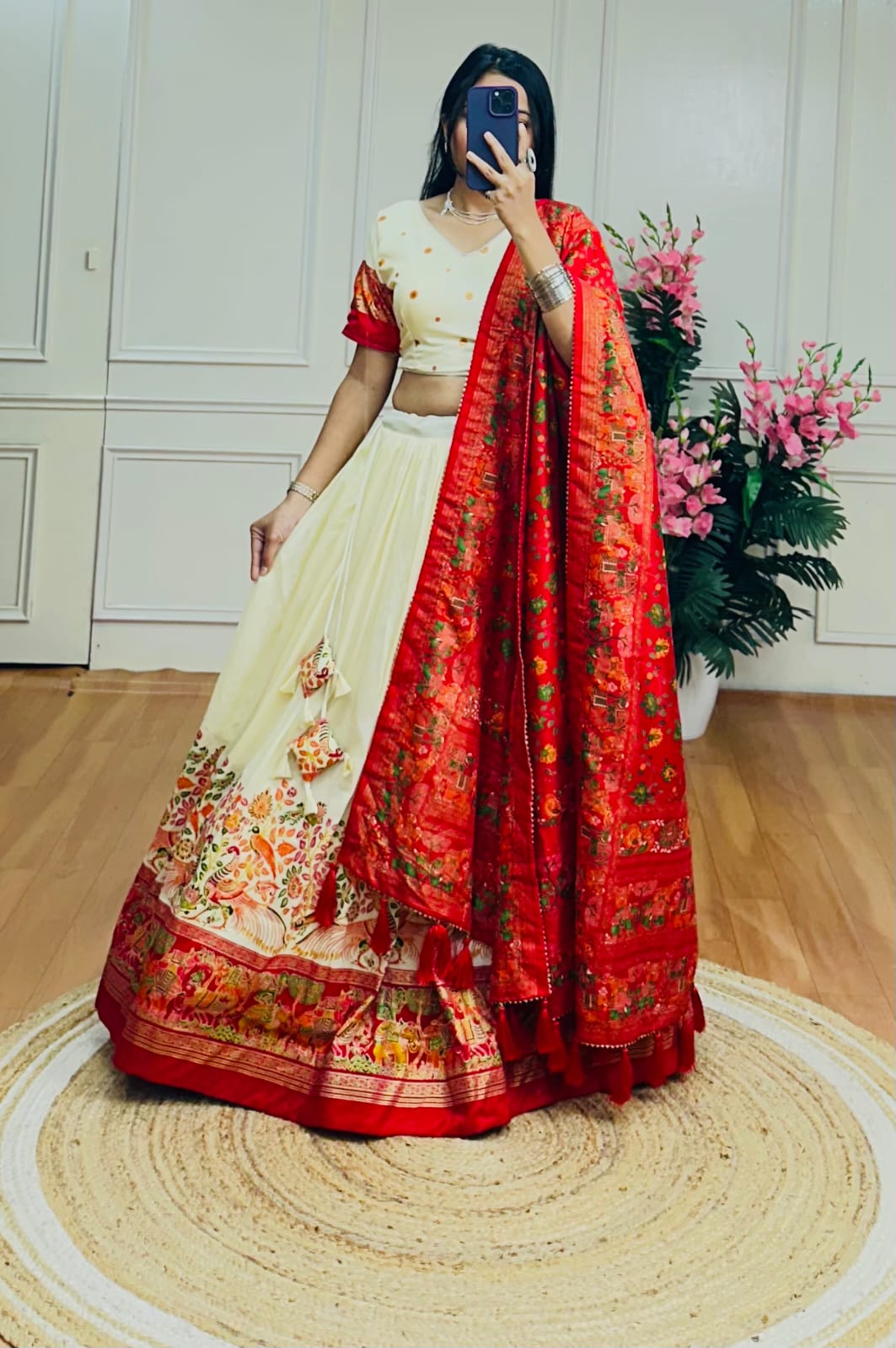 Royal Reverie – Cream & Red Tussar Silk Kalamkari Lehenga with Gotta Patti Dupatta