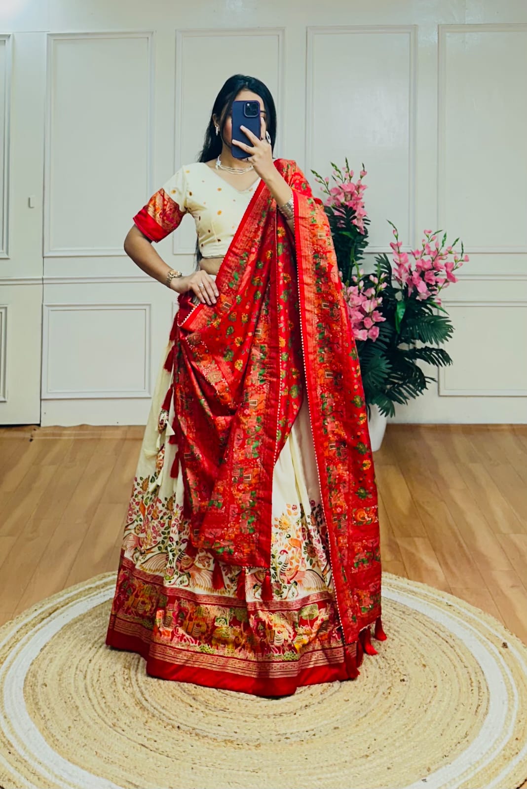 Royal Reverie – Cream & Red Tussar Silk Kalamkari Lehenga with Gotta Patti Dupatta