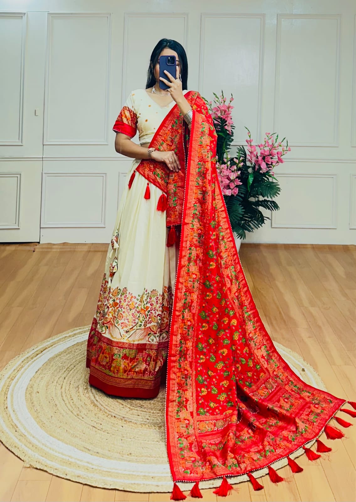 Royal Reverie – Cream & Red Tussar Silk Kalamkari Lehenga with Gotta Patti Dupatta