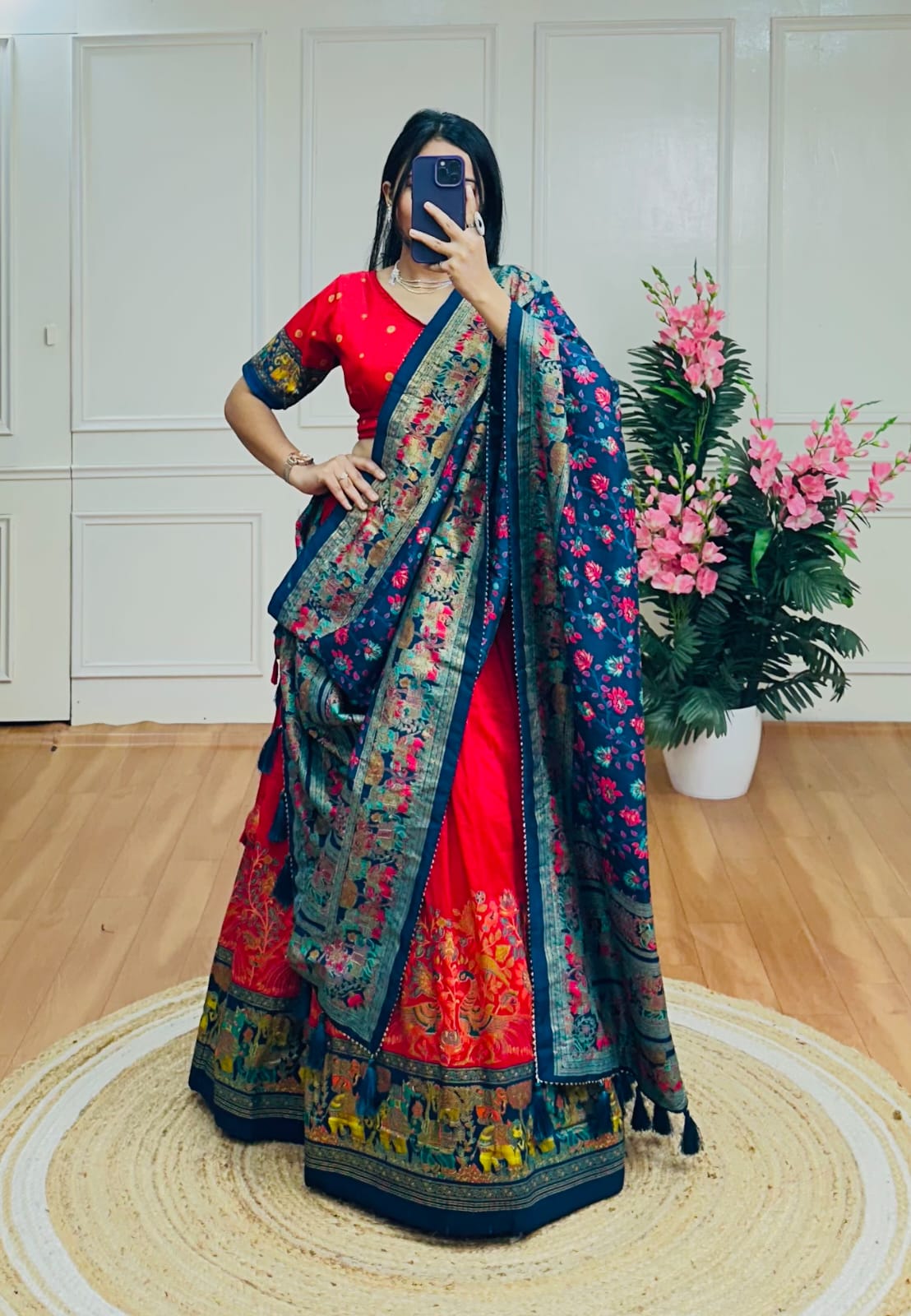 Royal Radiance – Red Tussar Silk Lehenga with Kalamkari & Foil Print