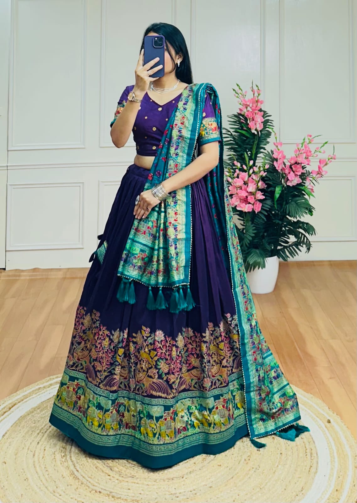Mystic Garden – Purple Tussar Silk Lehenga with Teal Kalamkari Foil Dupatta