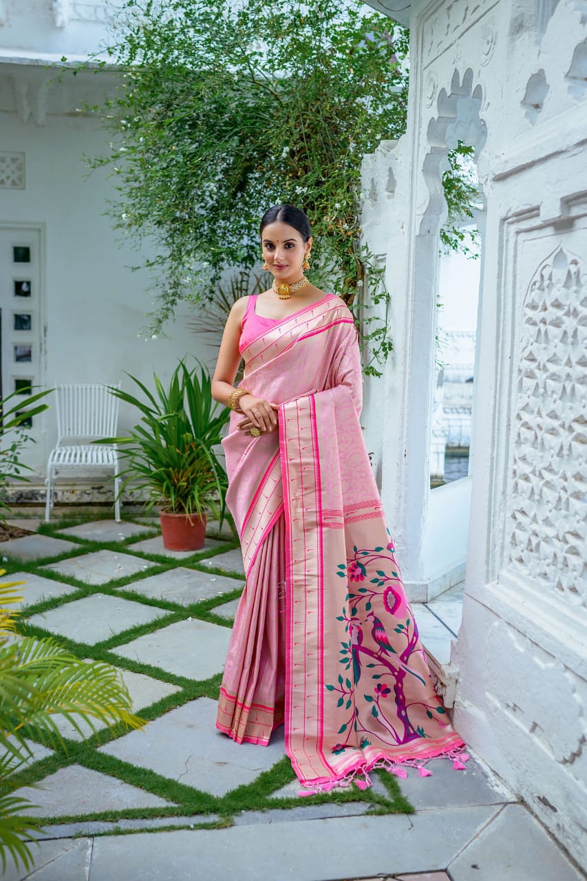 Blush Pink Soft Kanjivaram Silk Saree with Contrast Border & Rich Paithani Pallu