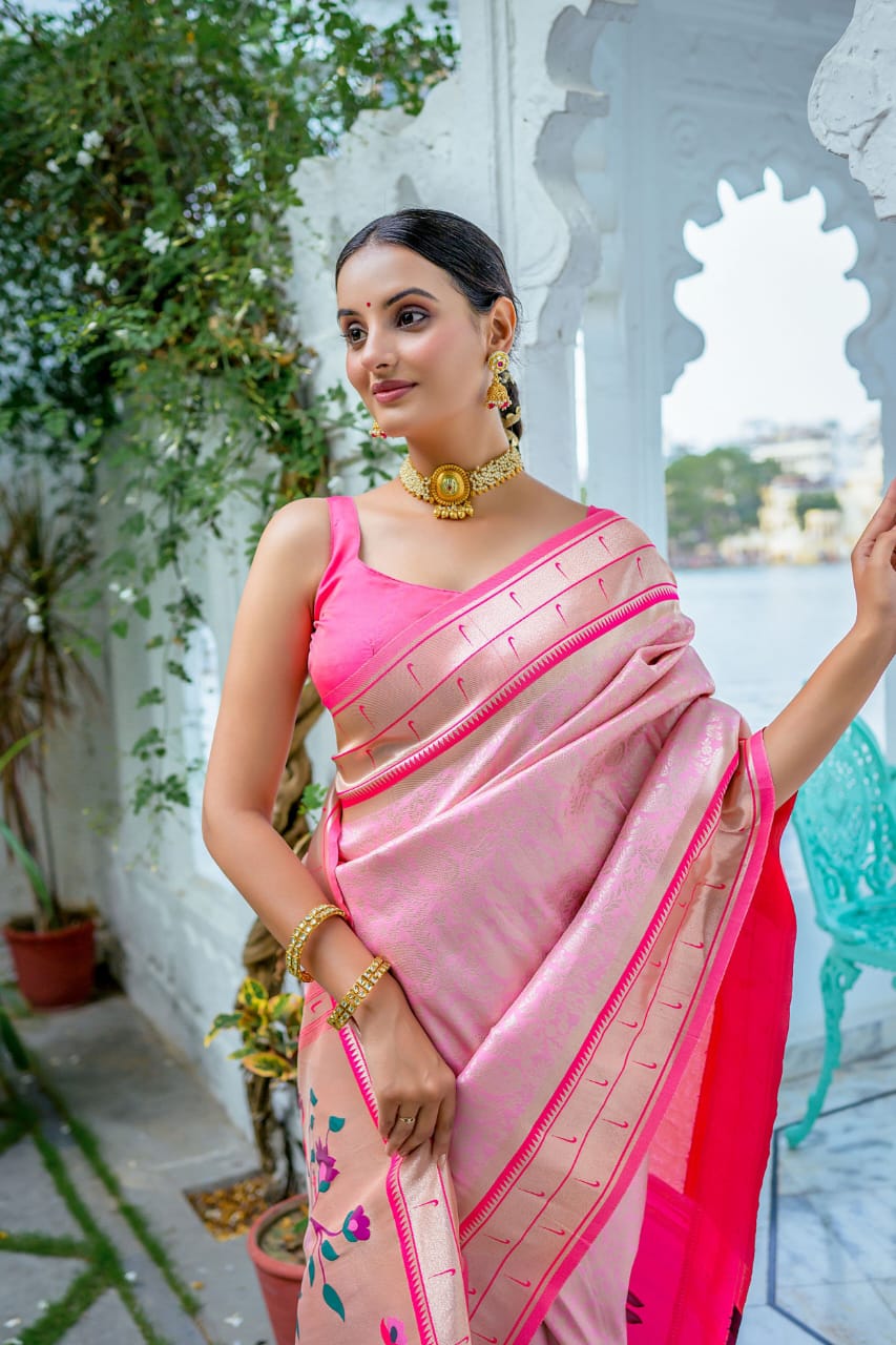 Blush Pink Soft Kanjivaram Silk Saree with Contrast Border & Rich Paithani Pallu