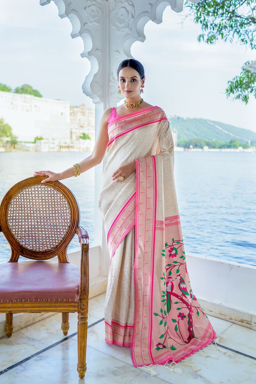 Ivory Cream Soft Kanjivaram Silk Saree with Pink Contrast Border & Rich Paithani Pallu